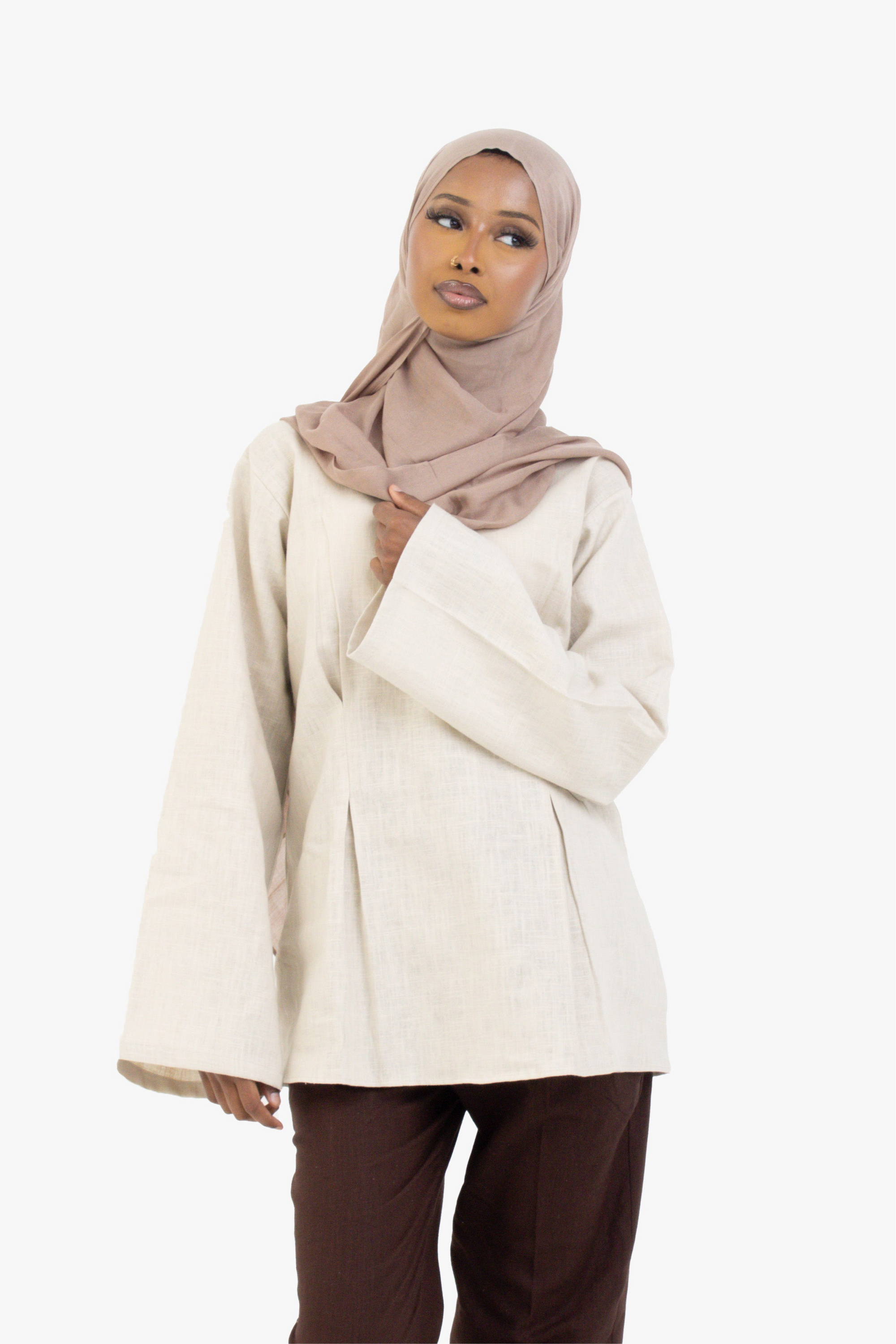 Beige Double Pleat Linen Cotton Top