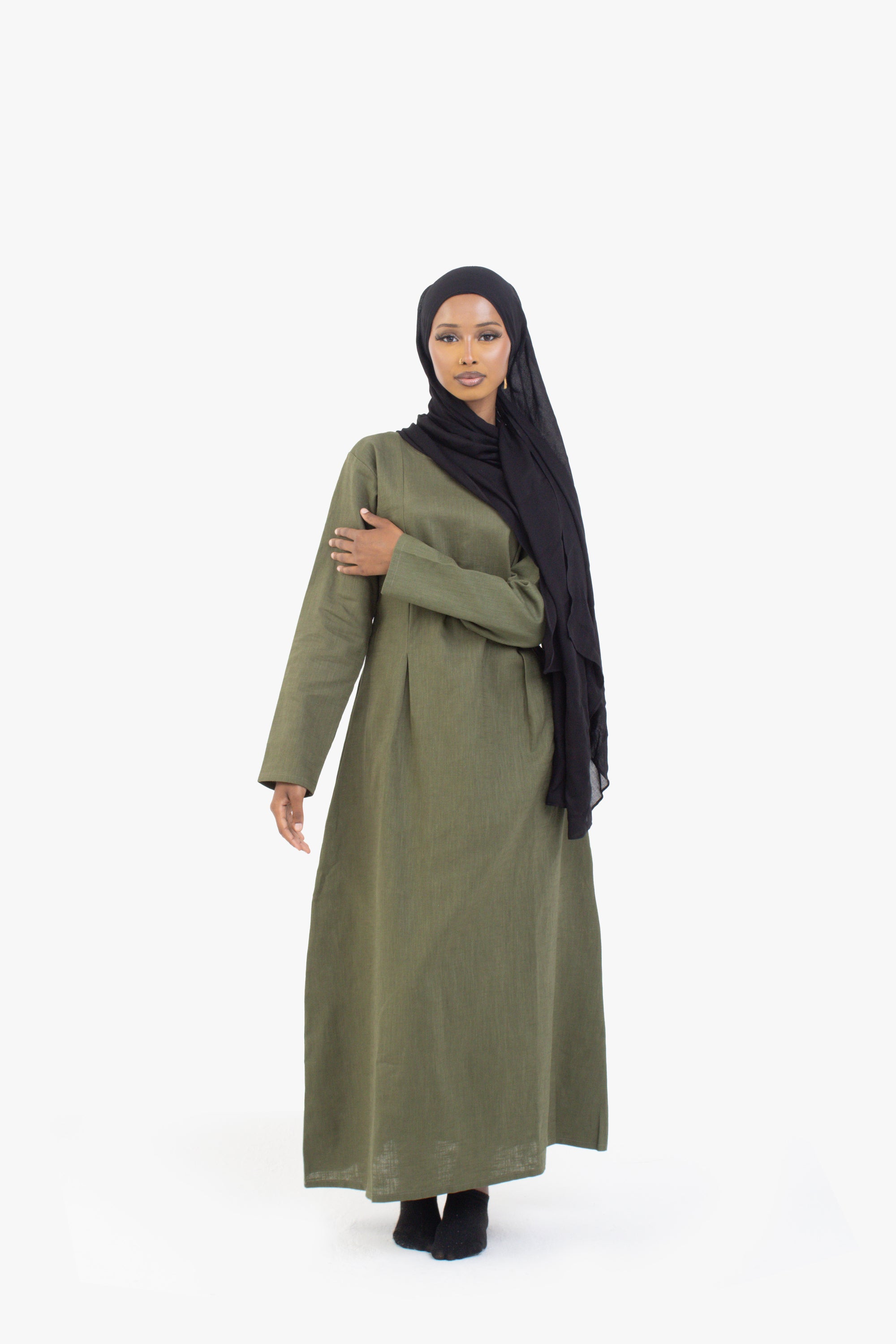 Khaki Double Pleat Linen Cotton Dress