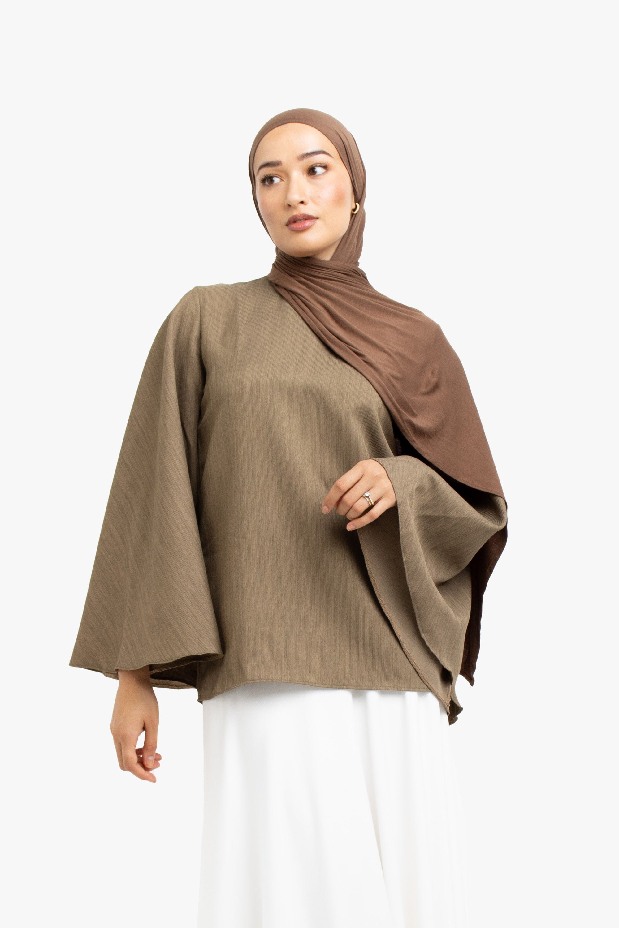 Khaki Brown Textured Umbrella Sleeve Top