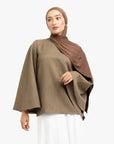 Khaki Brown Textured Umbrella Sleeve Top