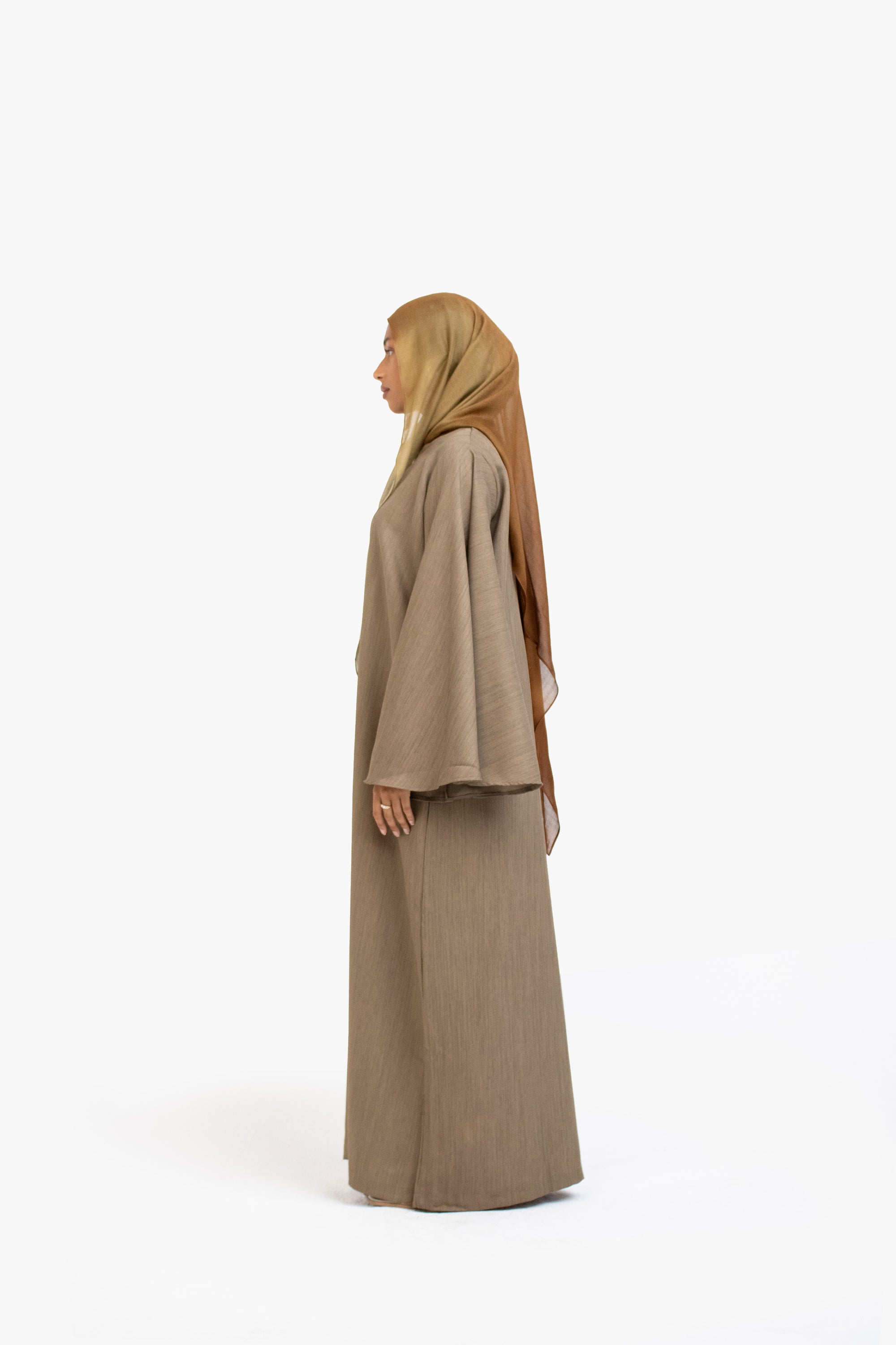 Khaki Brown Textured Umbrella Sleeve Abaya