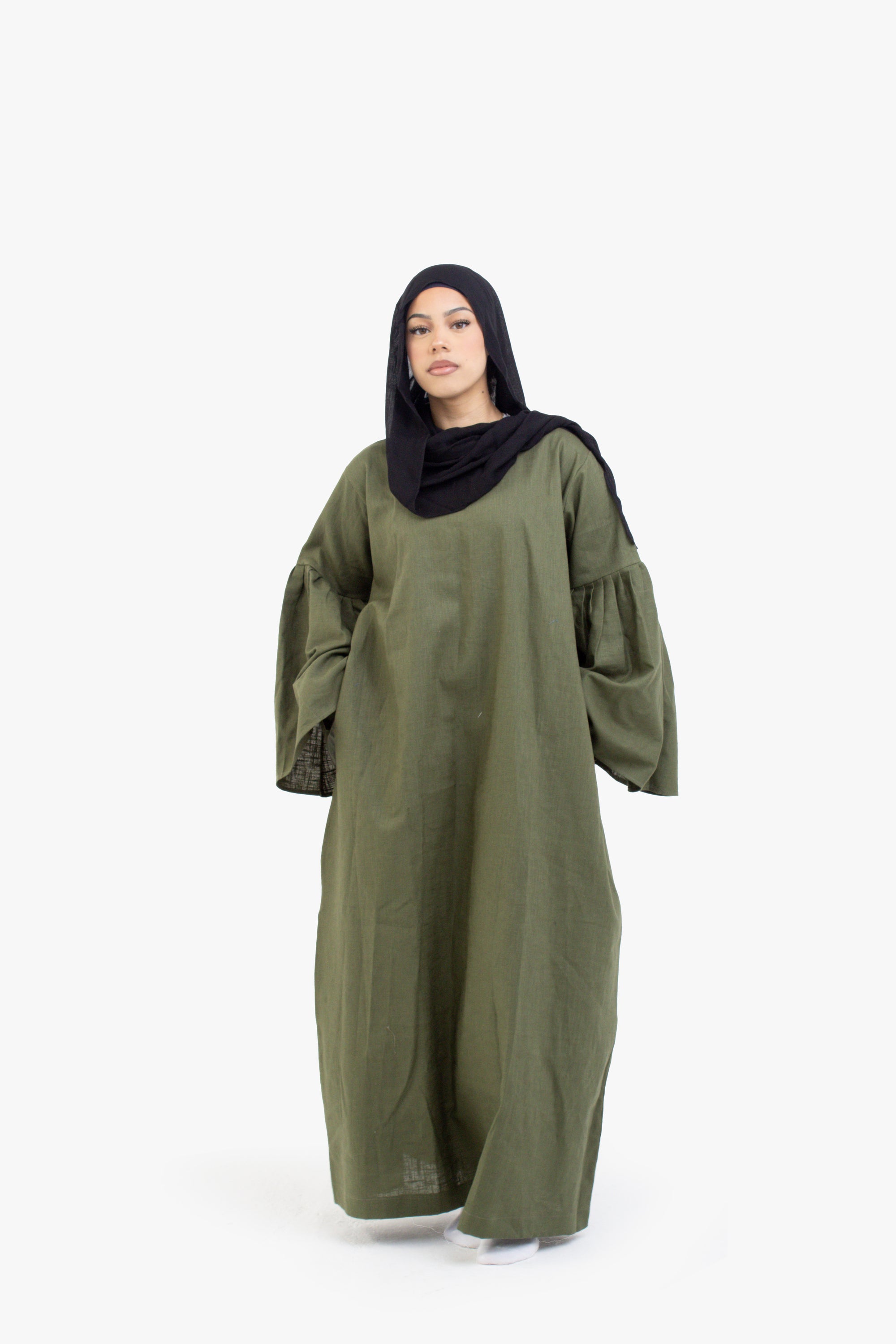 Khaki Bell Sleeve Linen Cotton Abaya