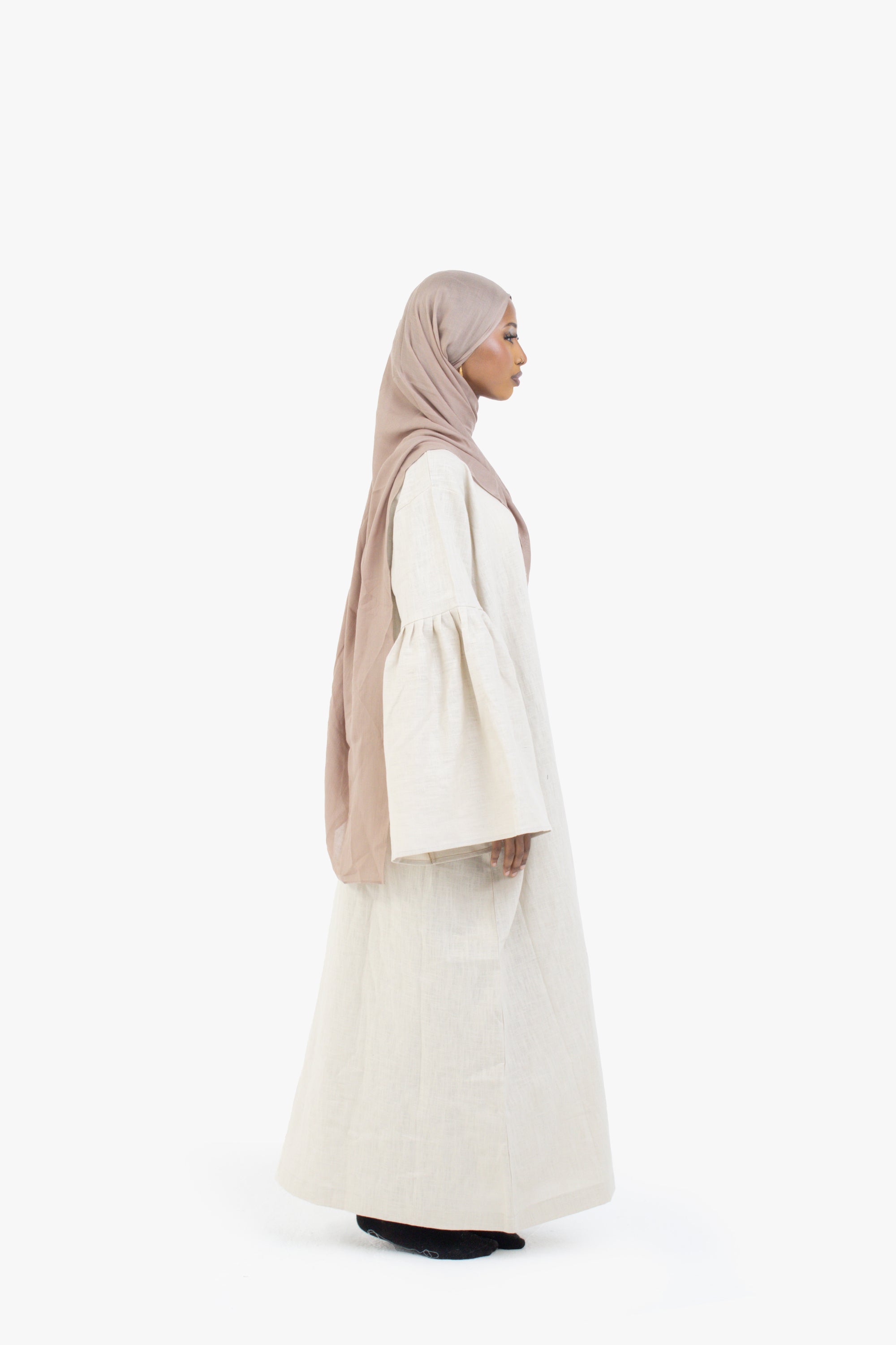 Beige Bell Sleeve Linen Cotton Abaya