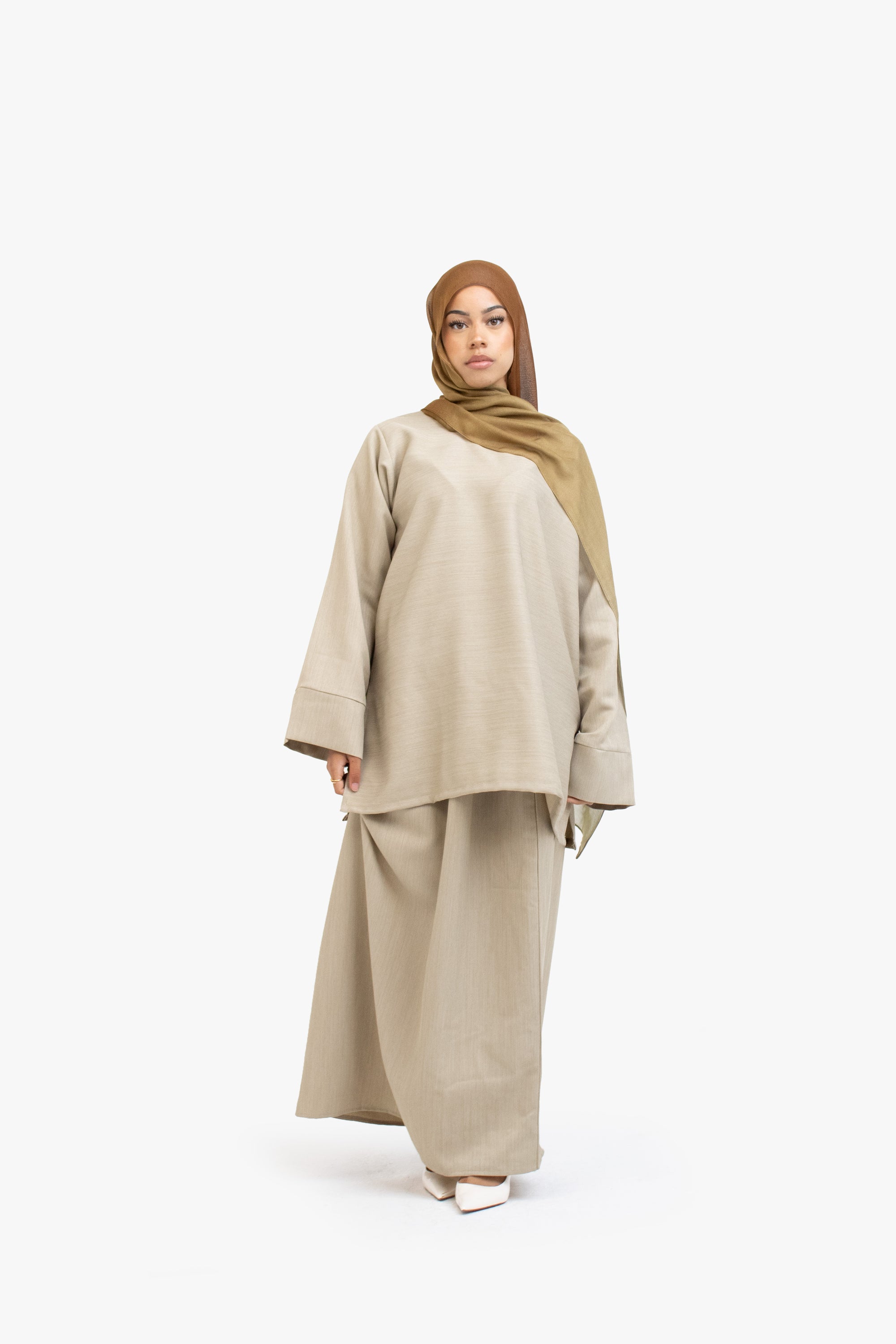 Khaki Brown Textured Two-Piece Abaya