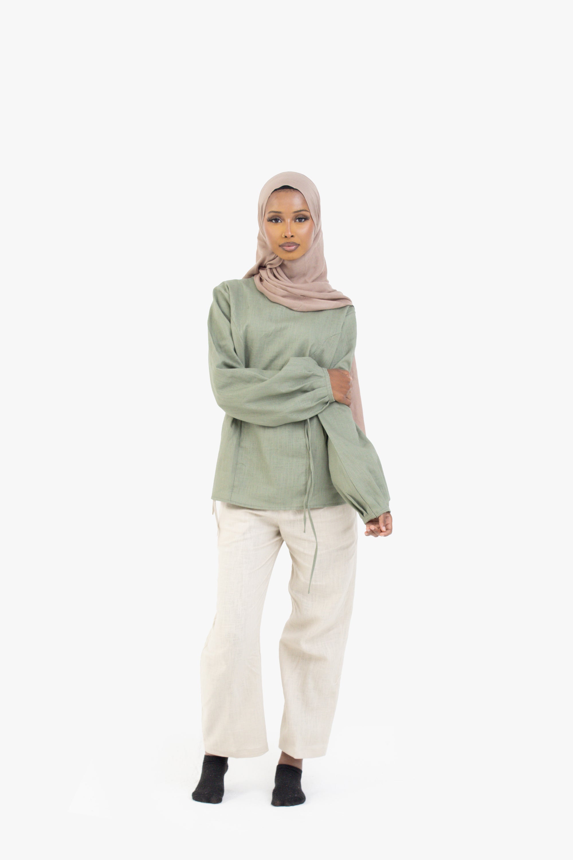 Beige Ribbon Linen Cotton Trousers