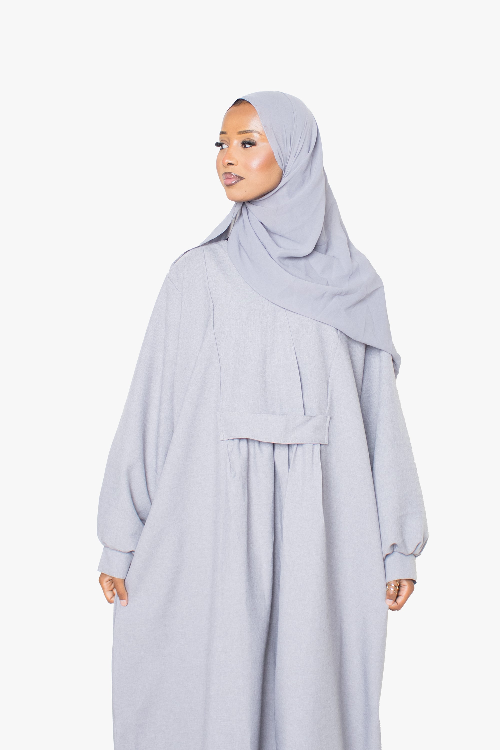 Textured Powder Grey Pleated Bridge Abaya