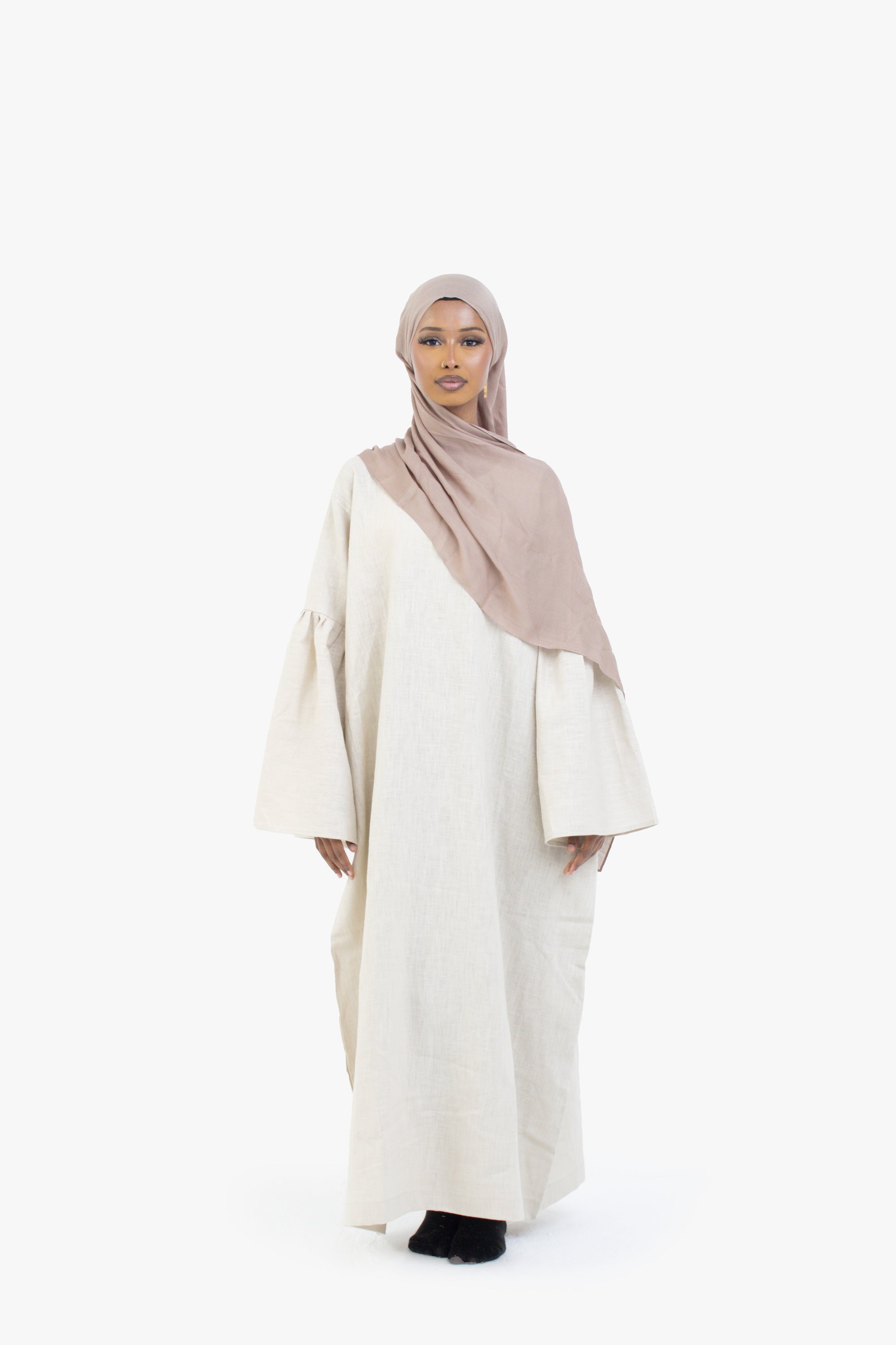 Beige Bell Sleeve Linen Cotton Abaya