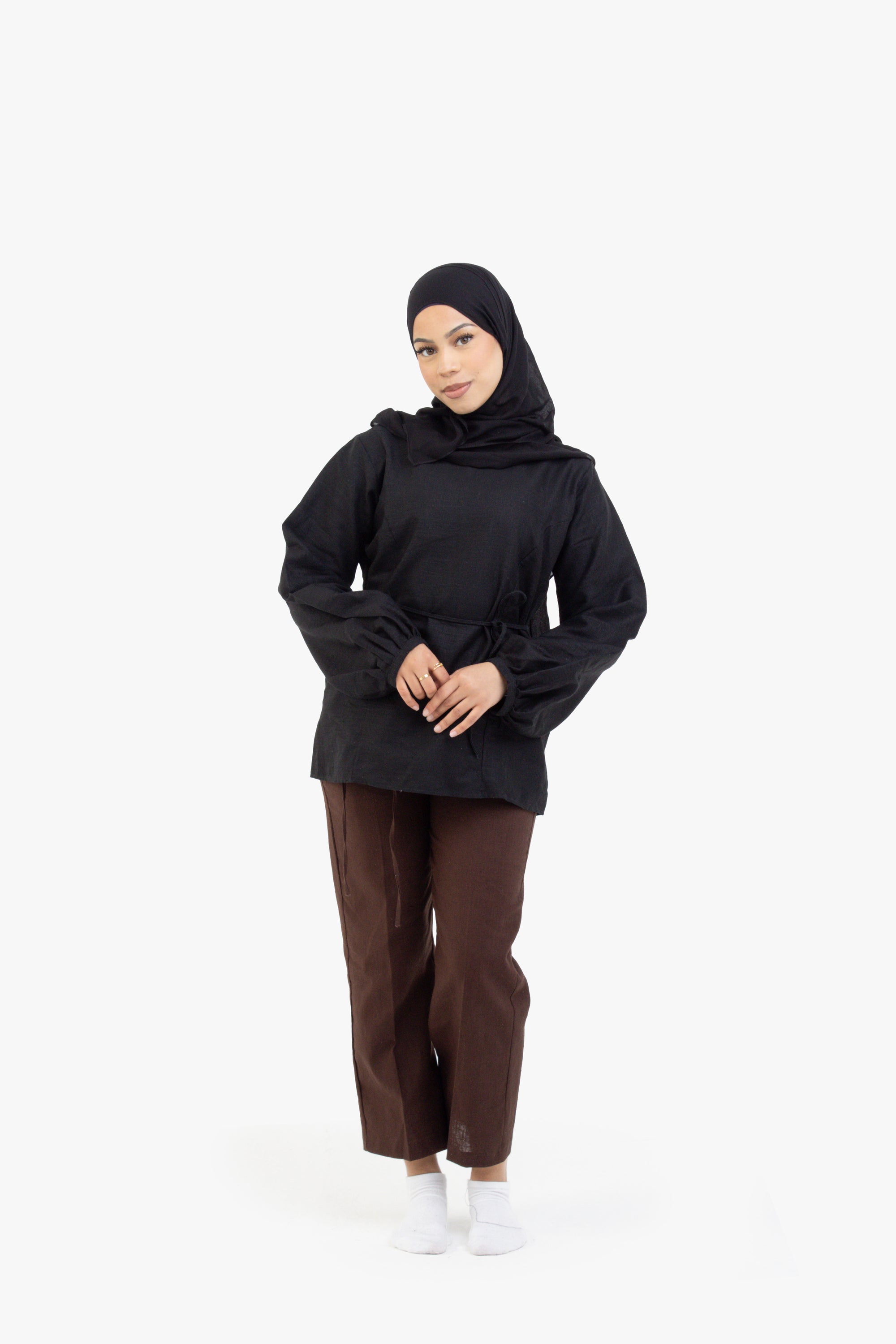 Black Balloon Sleeve Linen Cotton Top