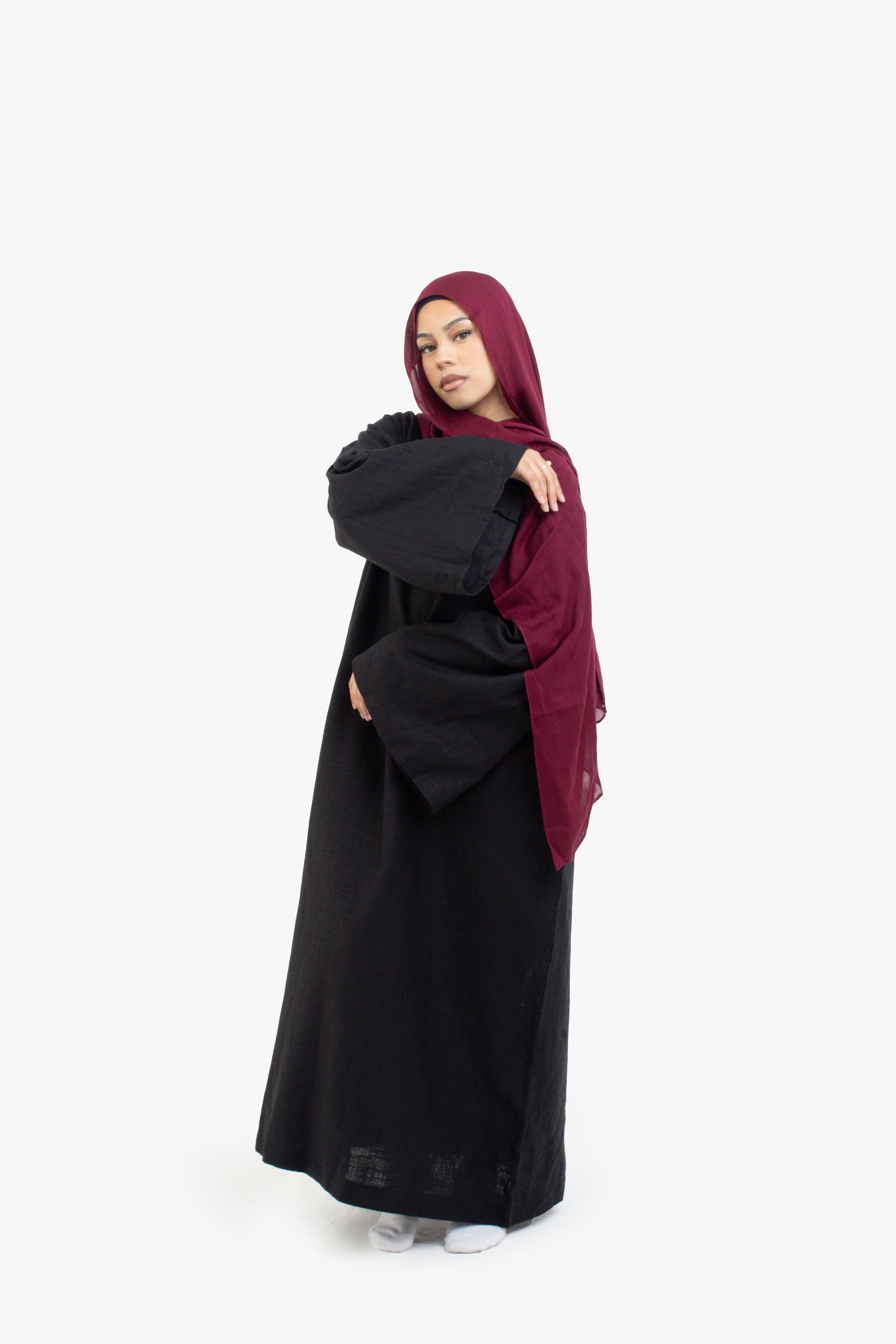 Black Bell Sleeve Linen Cotton Abaya
