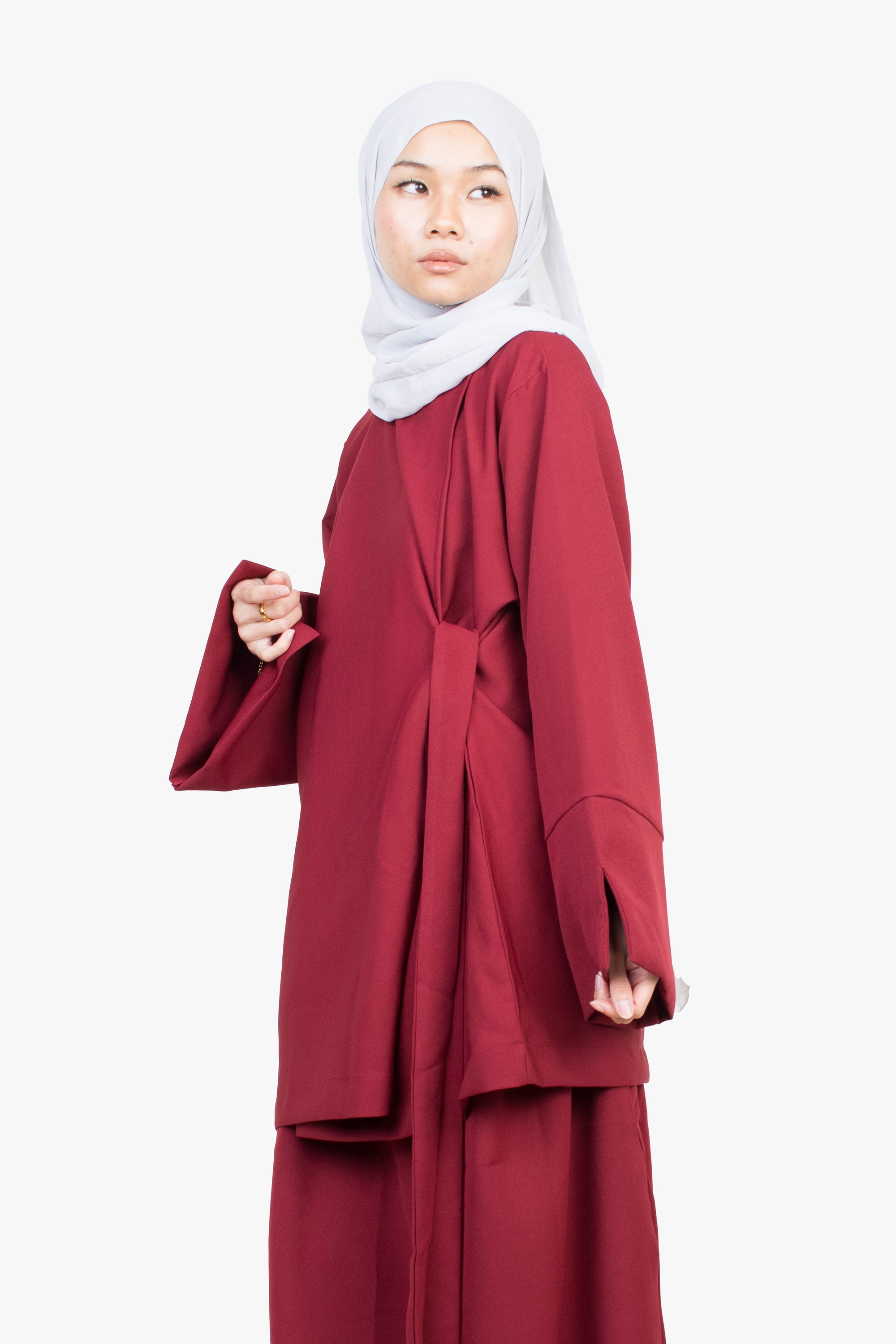 Crimson Red Side Wrap Two-Piece Abaya