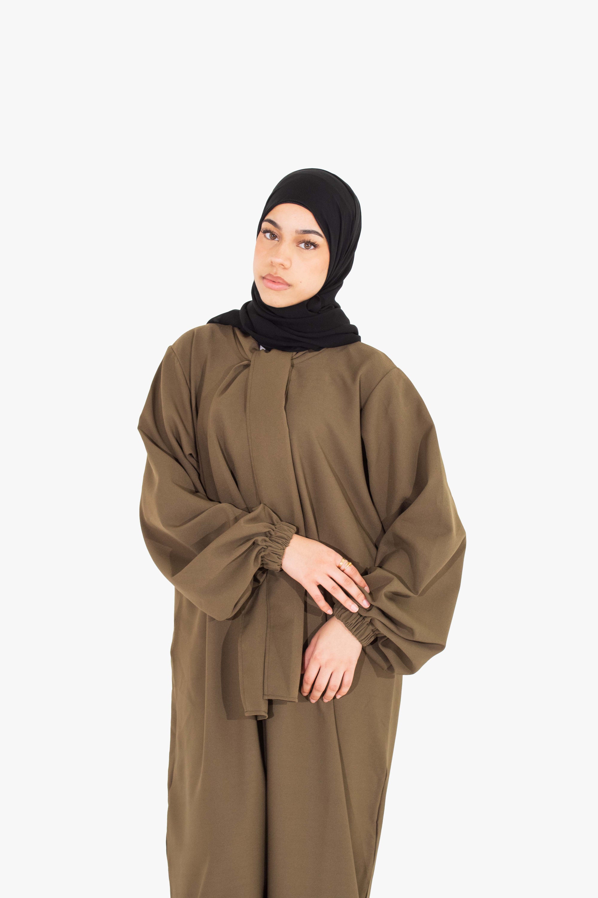 Olive Front Neck Tie Abaya