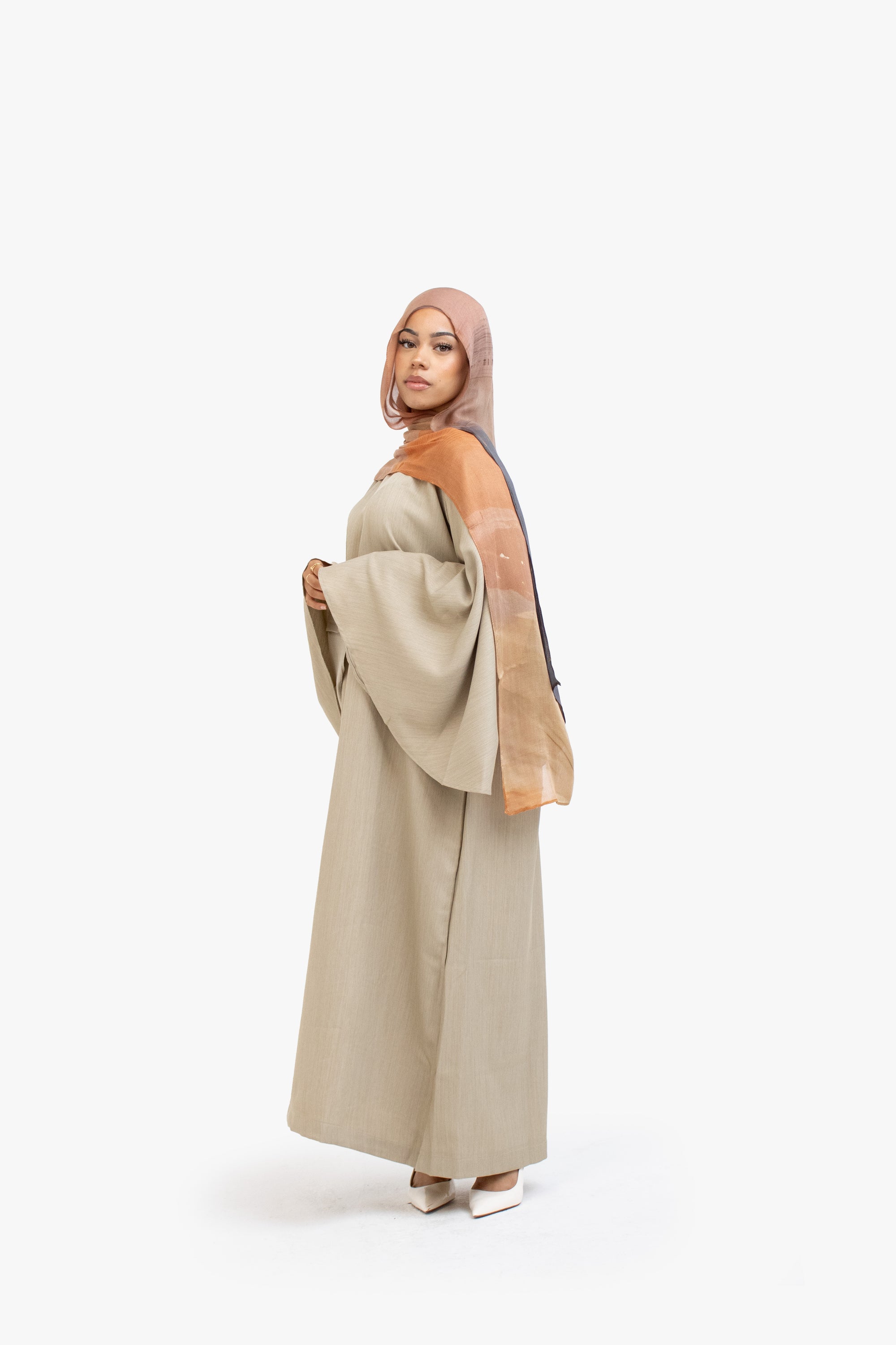 Beige Textured Umbrella Sleeve Abaya