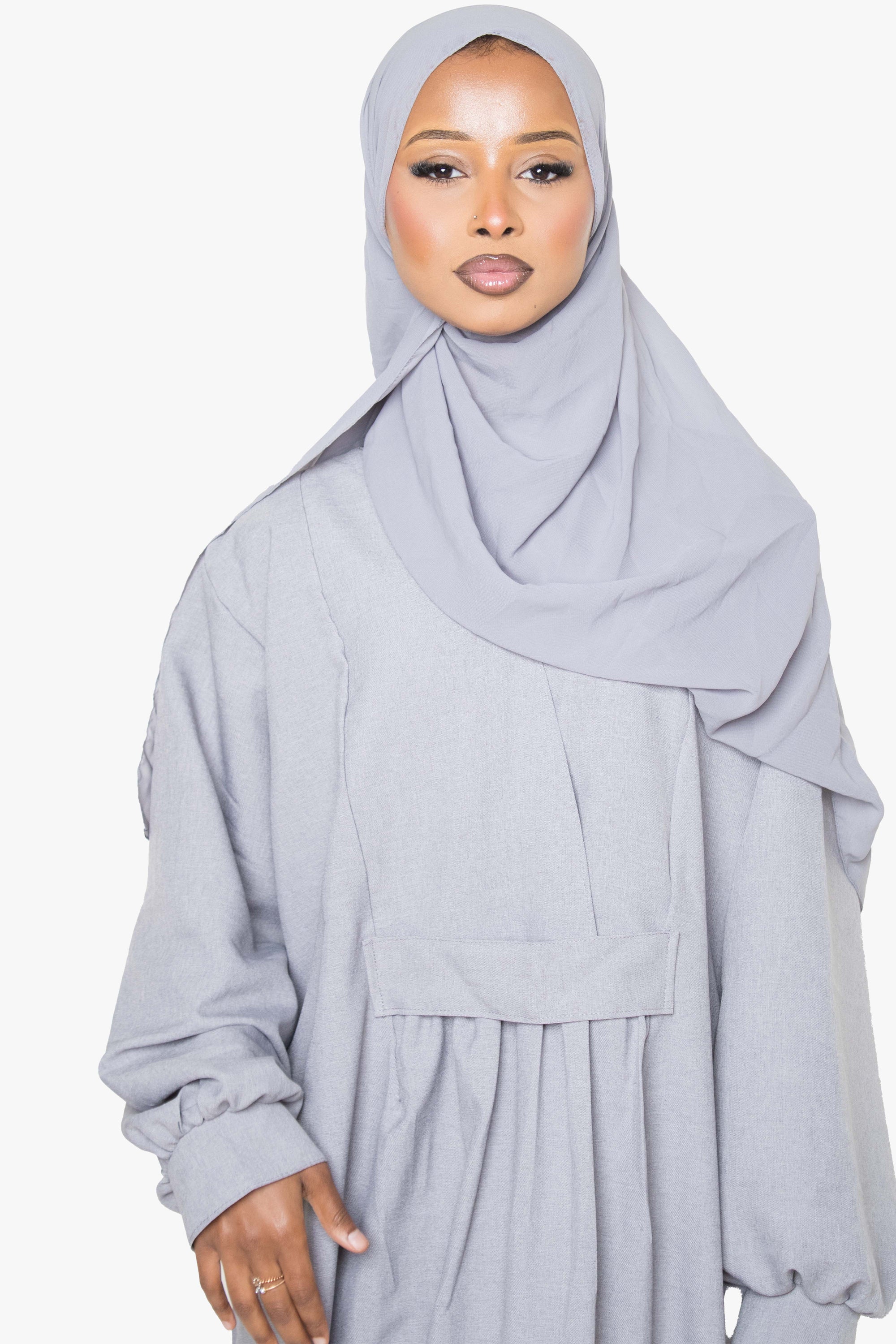 Textured Powder Grey Pleated Bridge Abaya