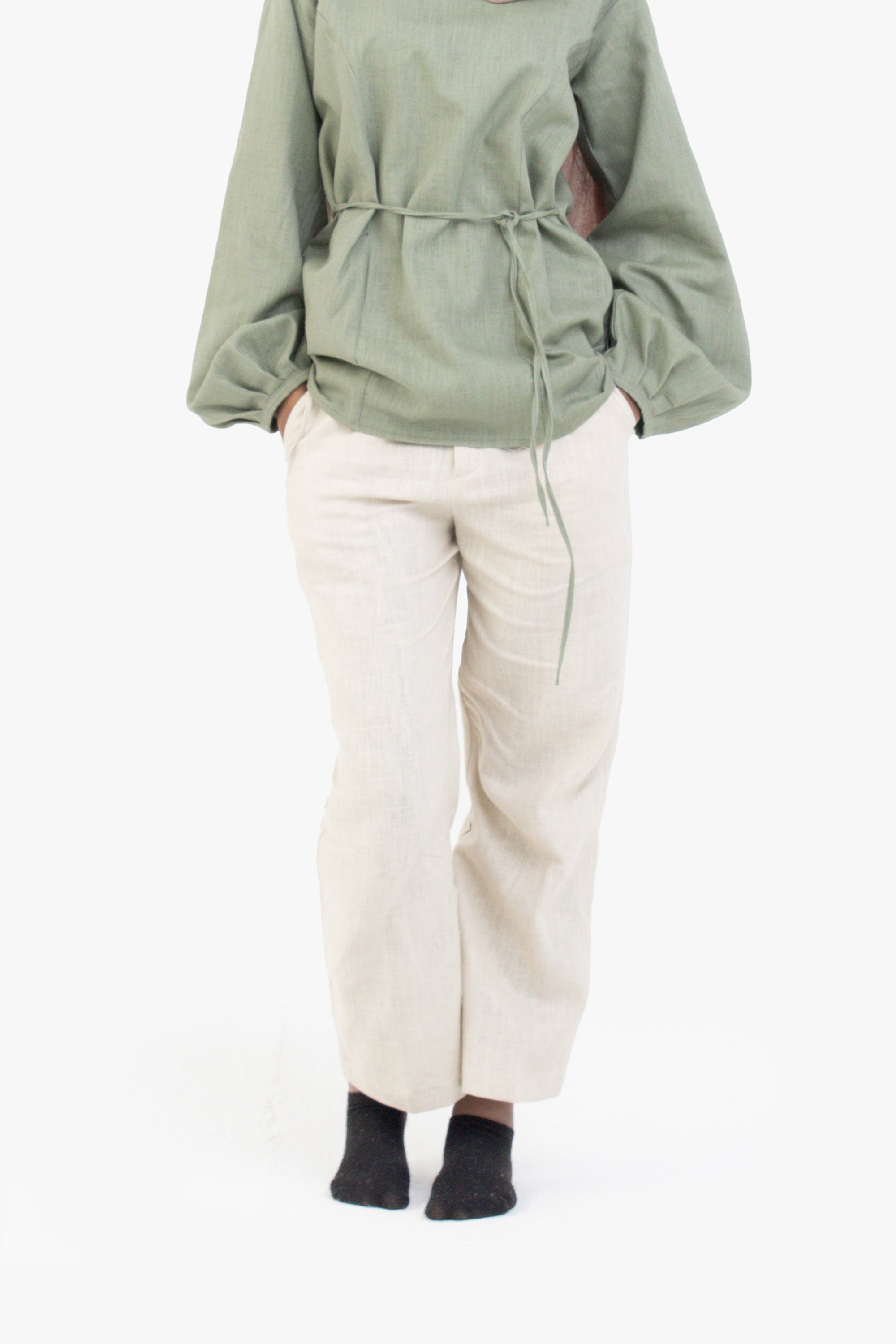 Beige Ribbon Linen Cotton Trousers