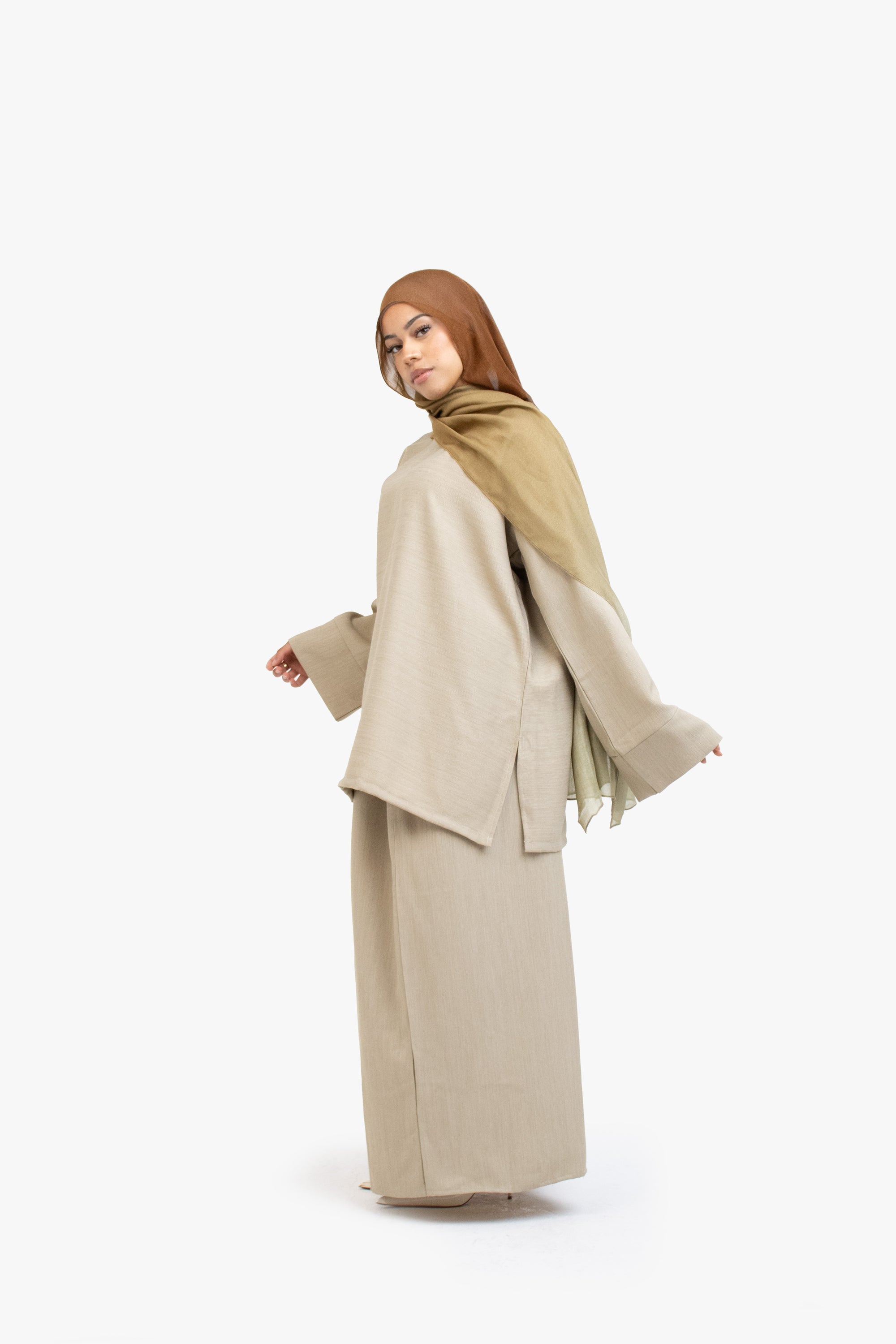 Khaki Brown Textured Two-Piece Abaya