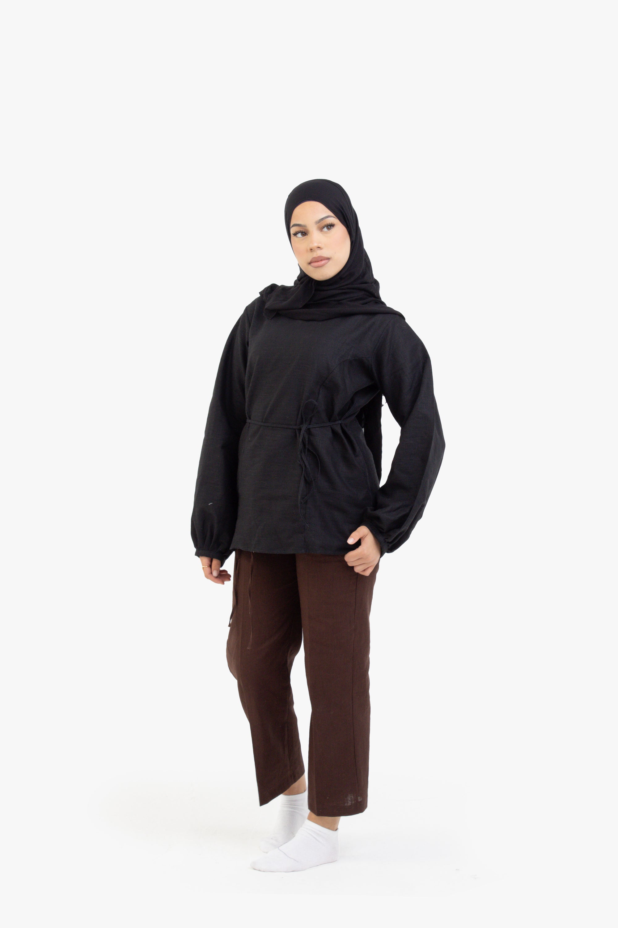 Black Balloon Sleeve Linen Cotton Top