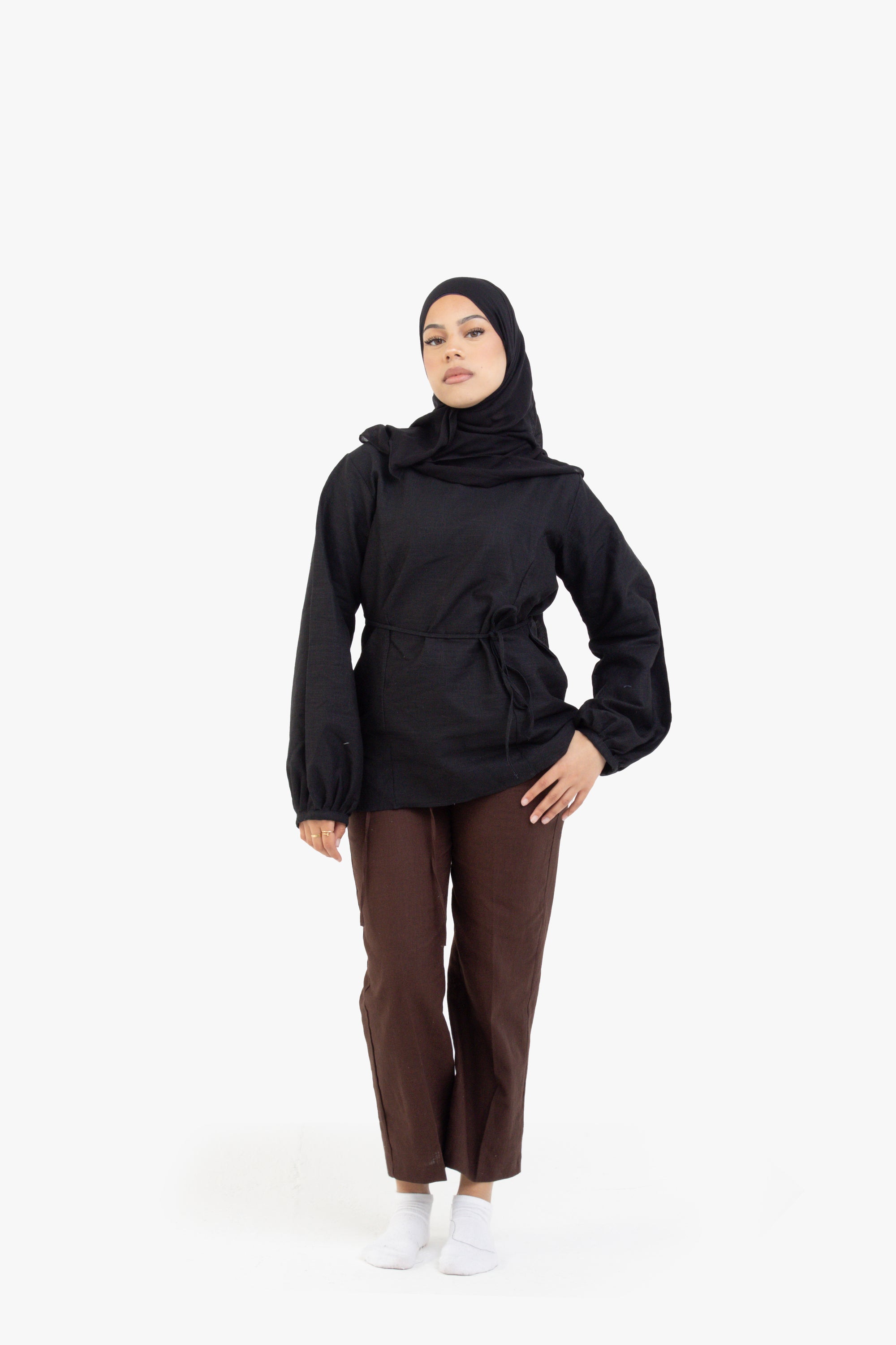 Black Balloon Sleeve Linen Cotton Top