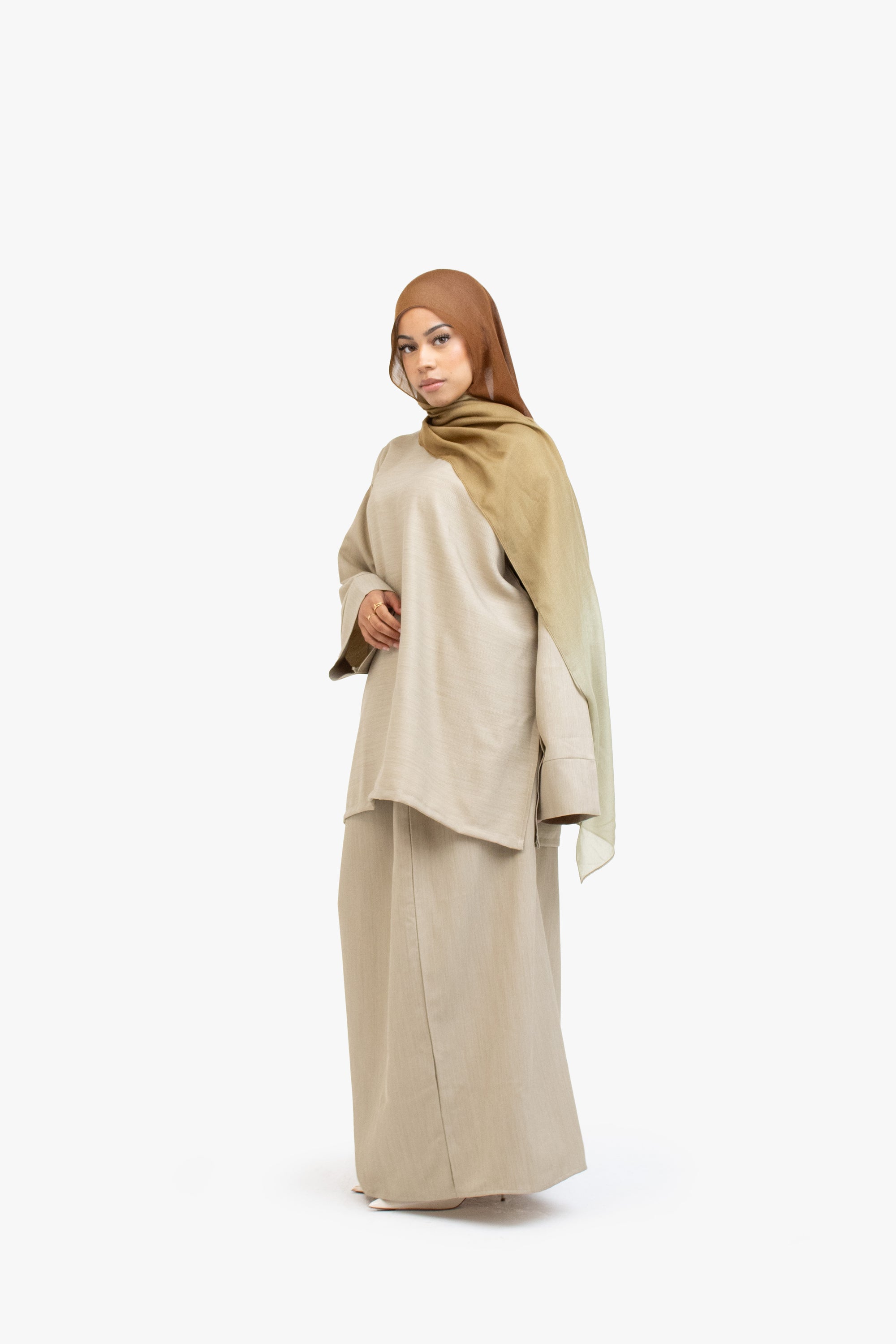 Khaki Brown Textured Two-Piece Abaya
