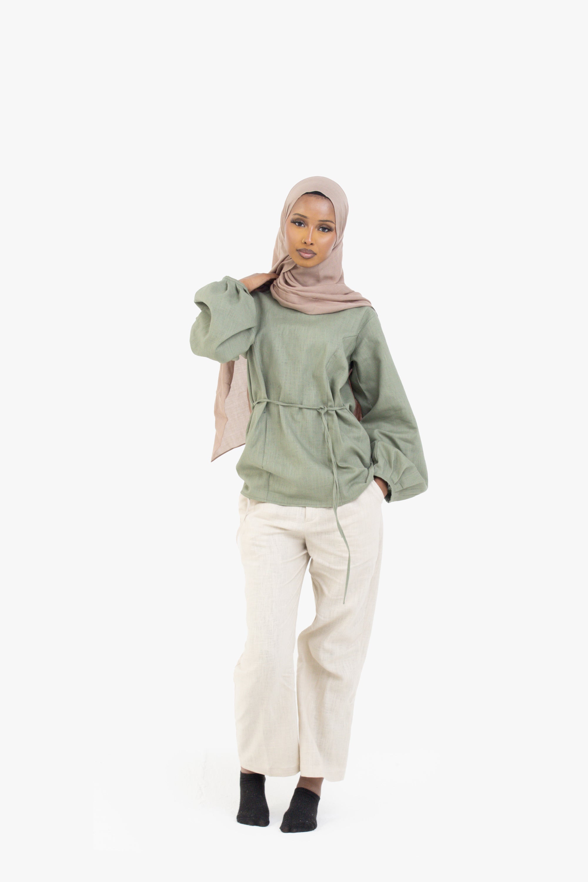 Beige Ribbon Linen Cotton Trousers