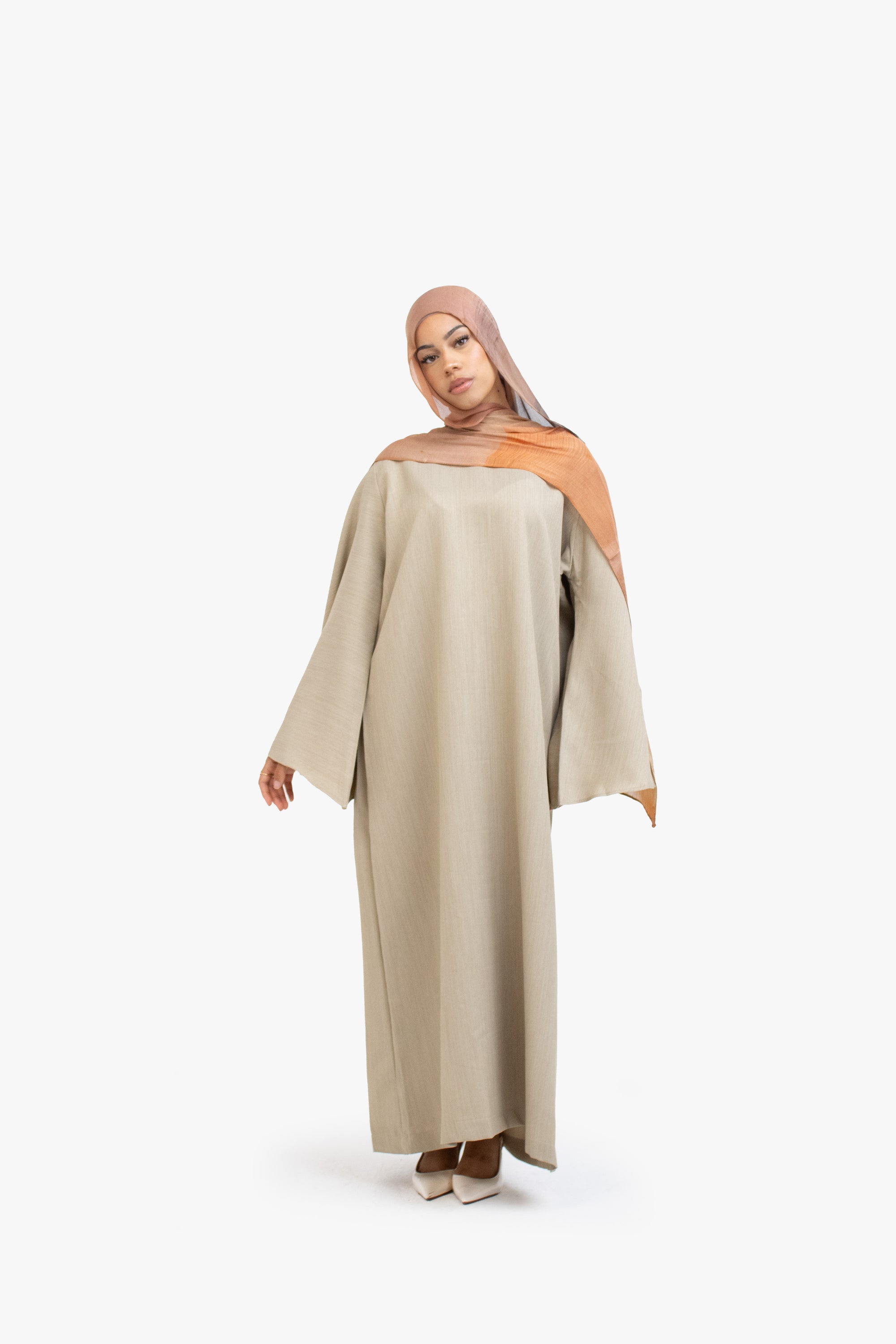 Beige Textured Umbrella Sleeve Abaya