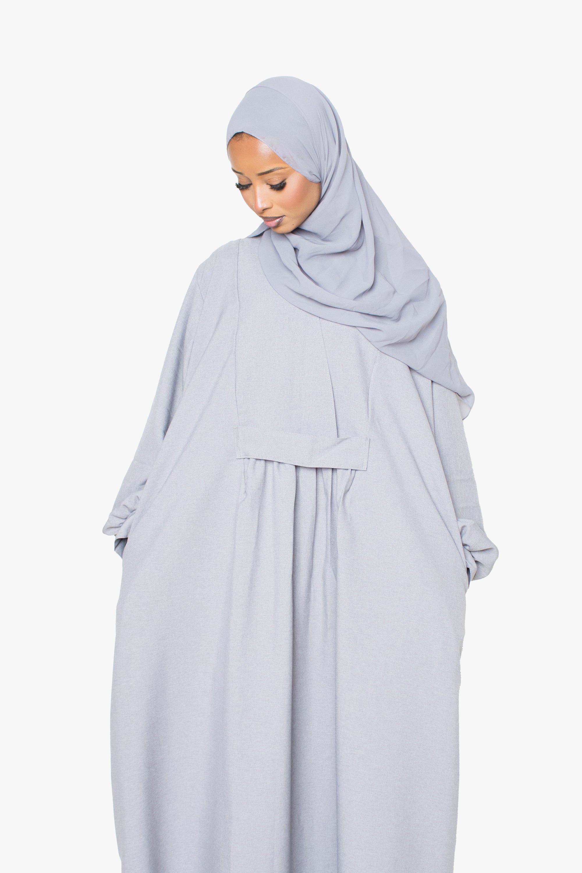 Textured Powder Grey Pleated Bridge Abaya