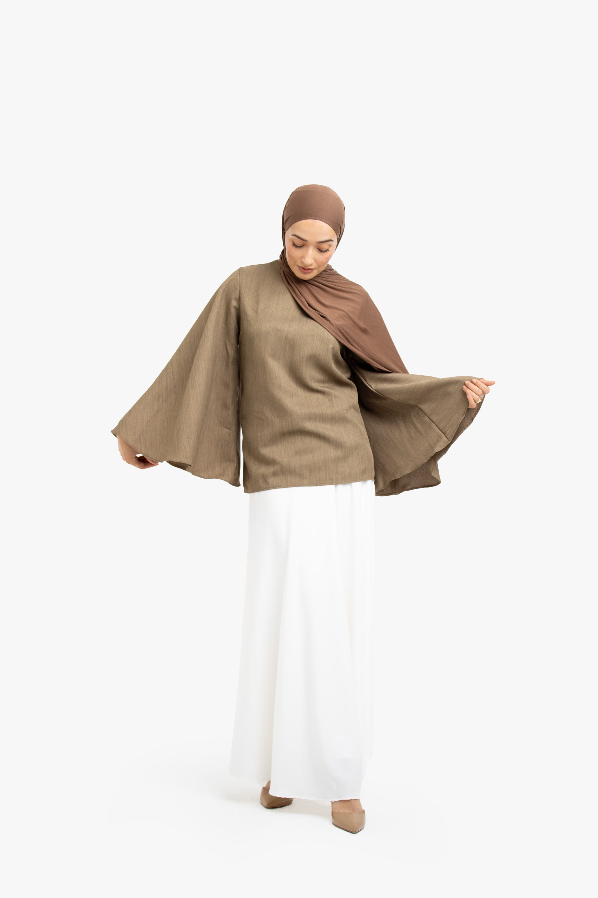 Khaki Brown Textured Umbrella Sleeve Top