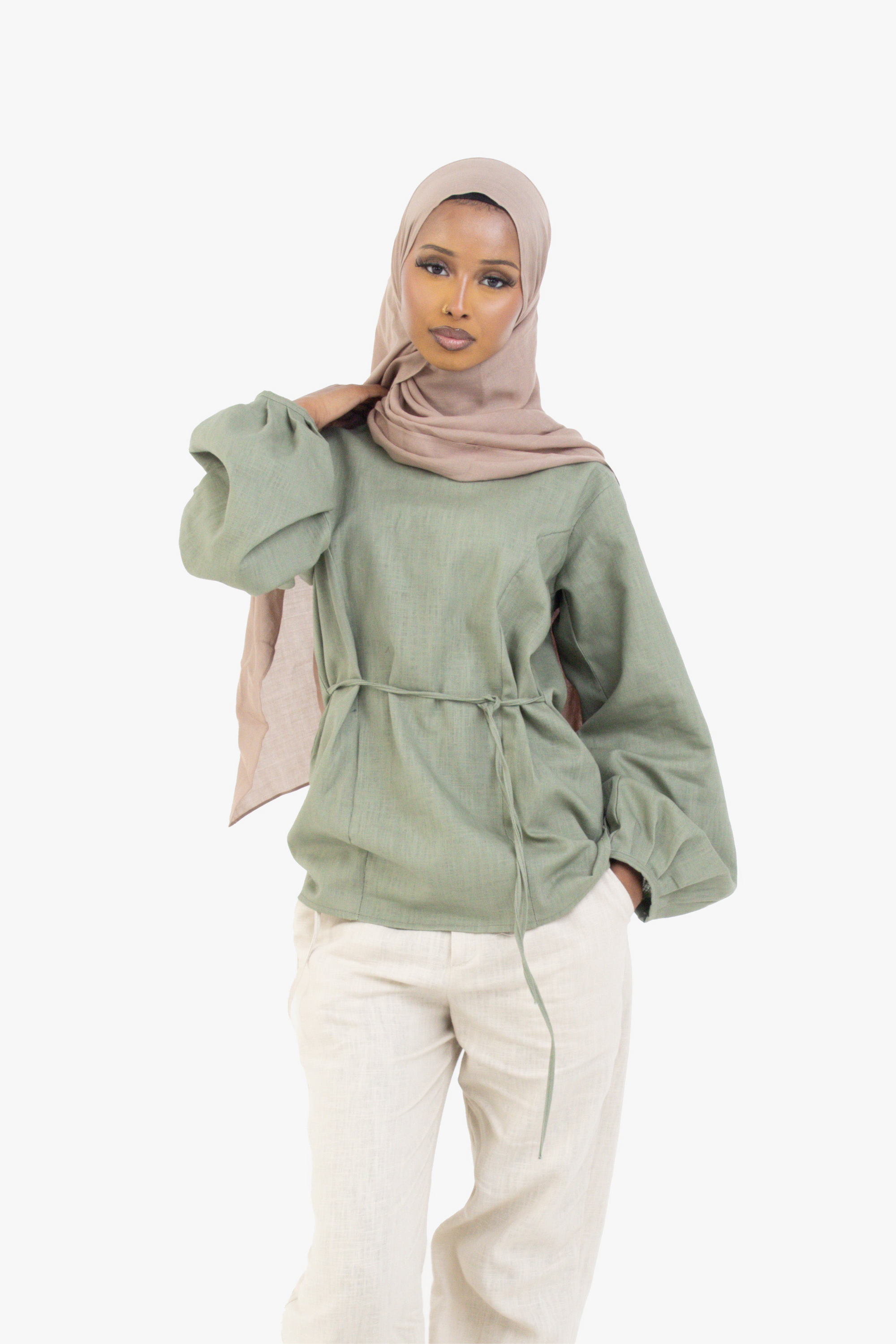 Sage Balloon Sleeve Linen Cotton Top