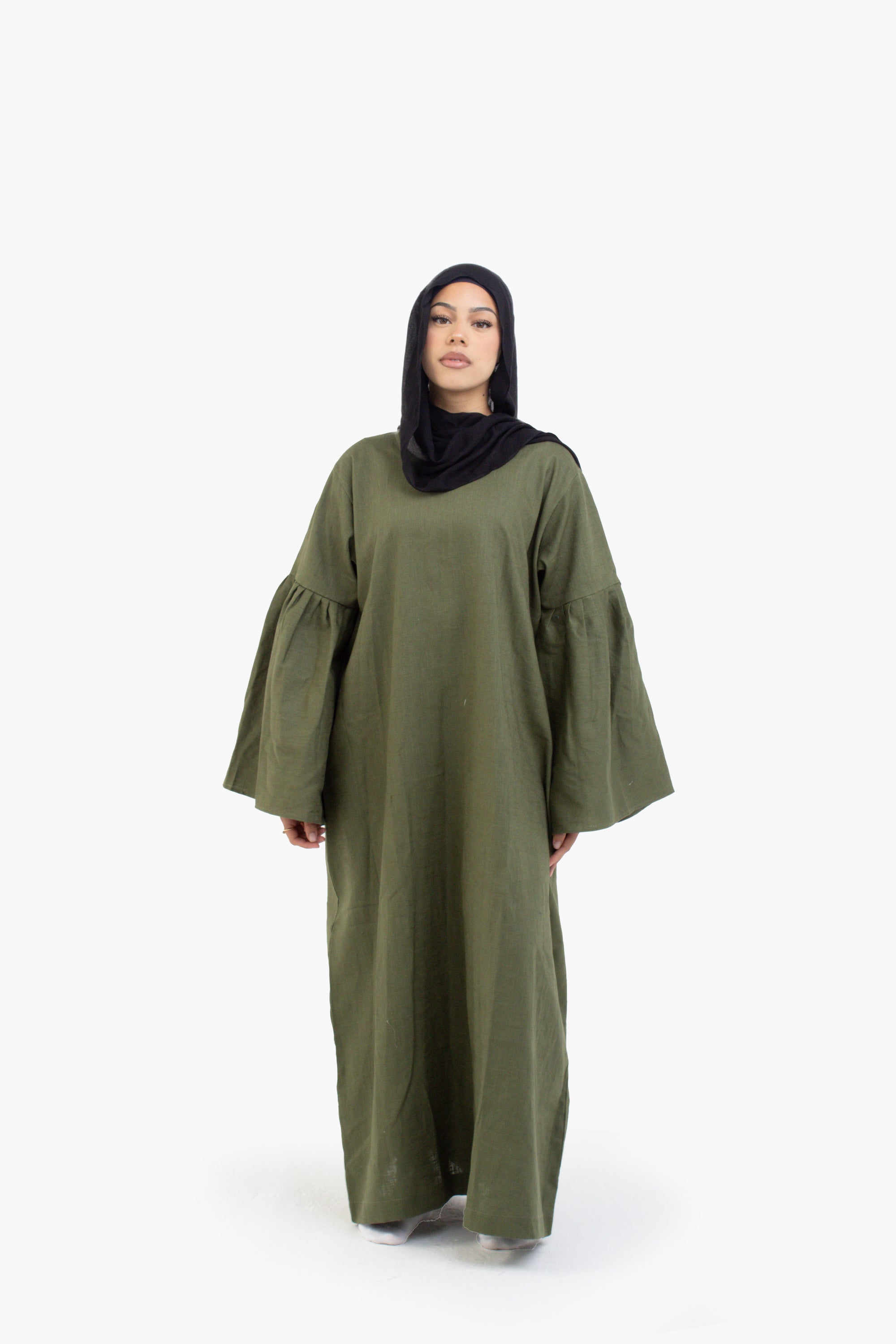 Khaki Bell Sleeve Linen Cotton Abaya