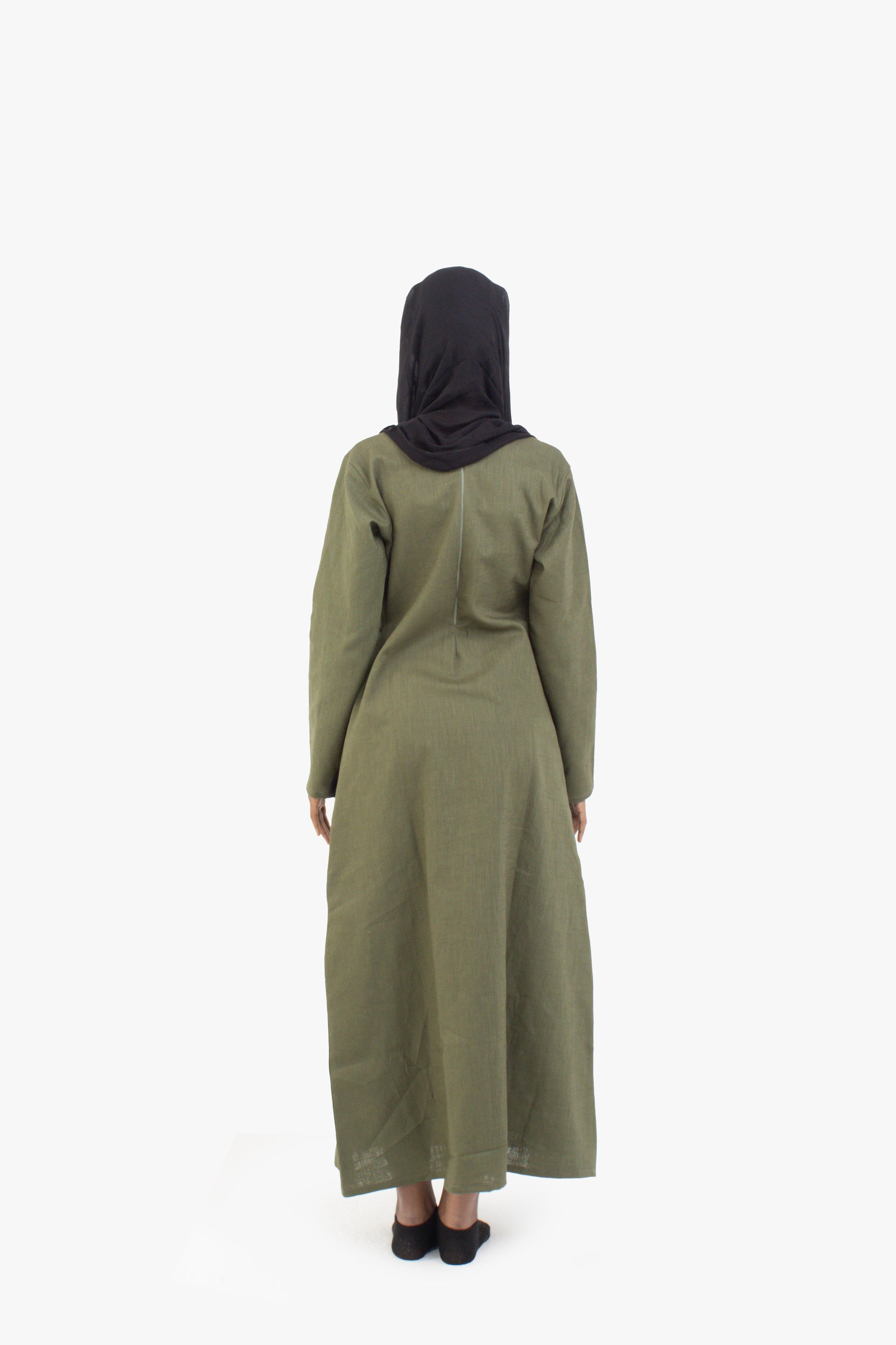 Khaki Double Pleat Linen Cotton Dress