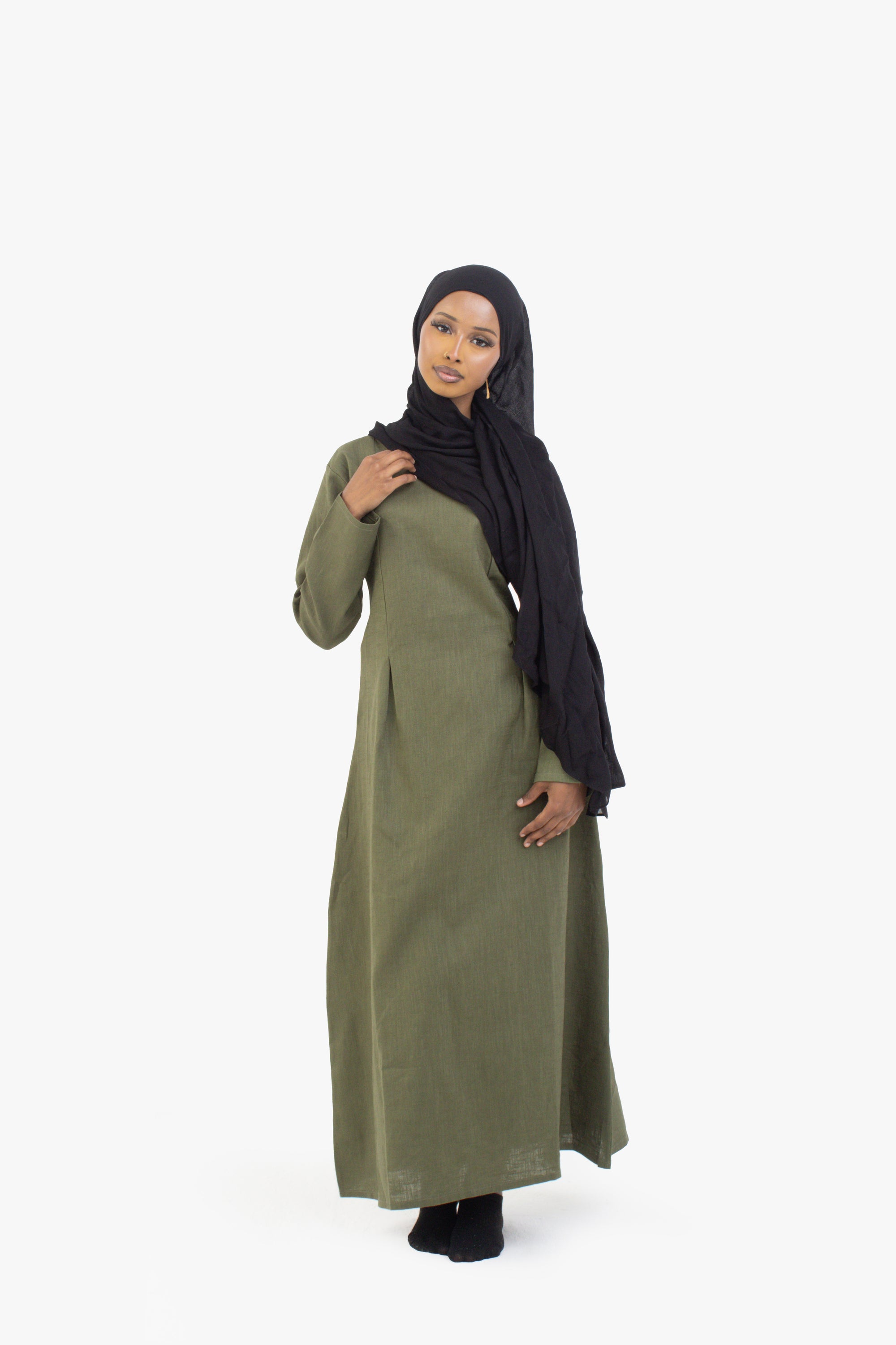 Khaki Double Pleat Linen Cotton Dress