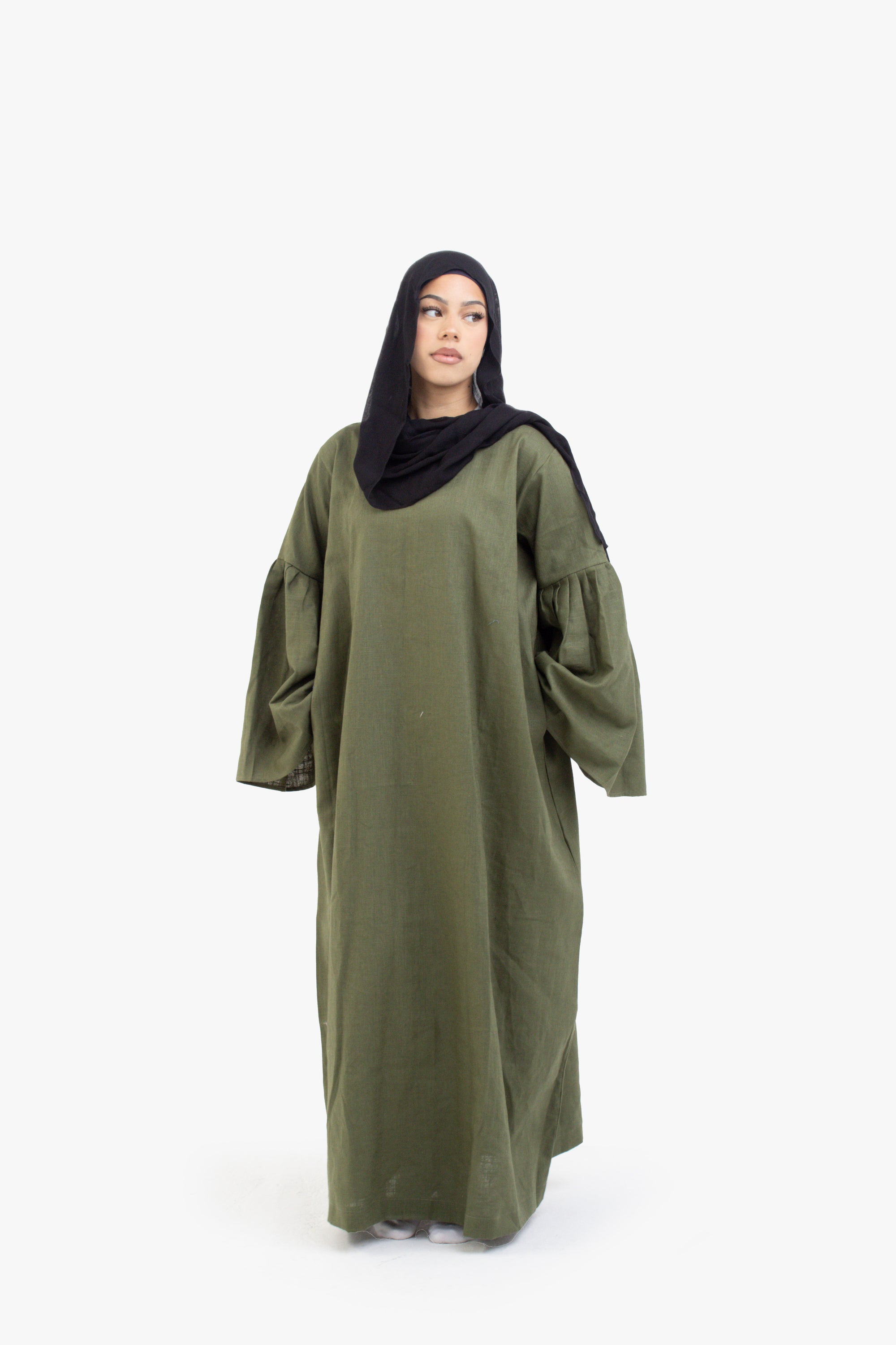 Khaki Bell Sleeve Linen Cotton Abaya