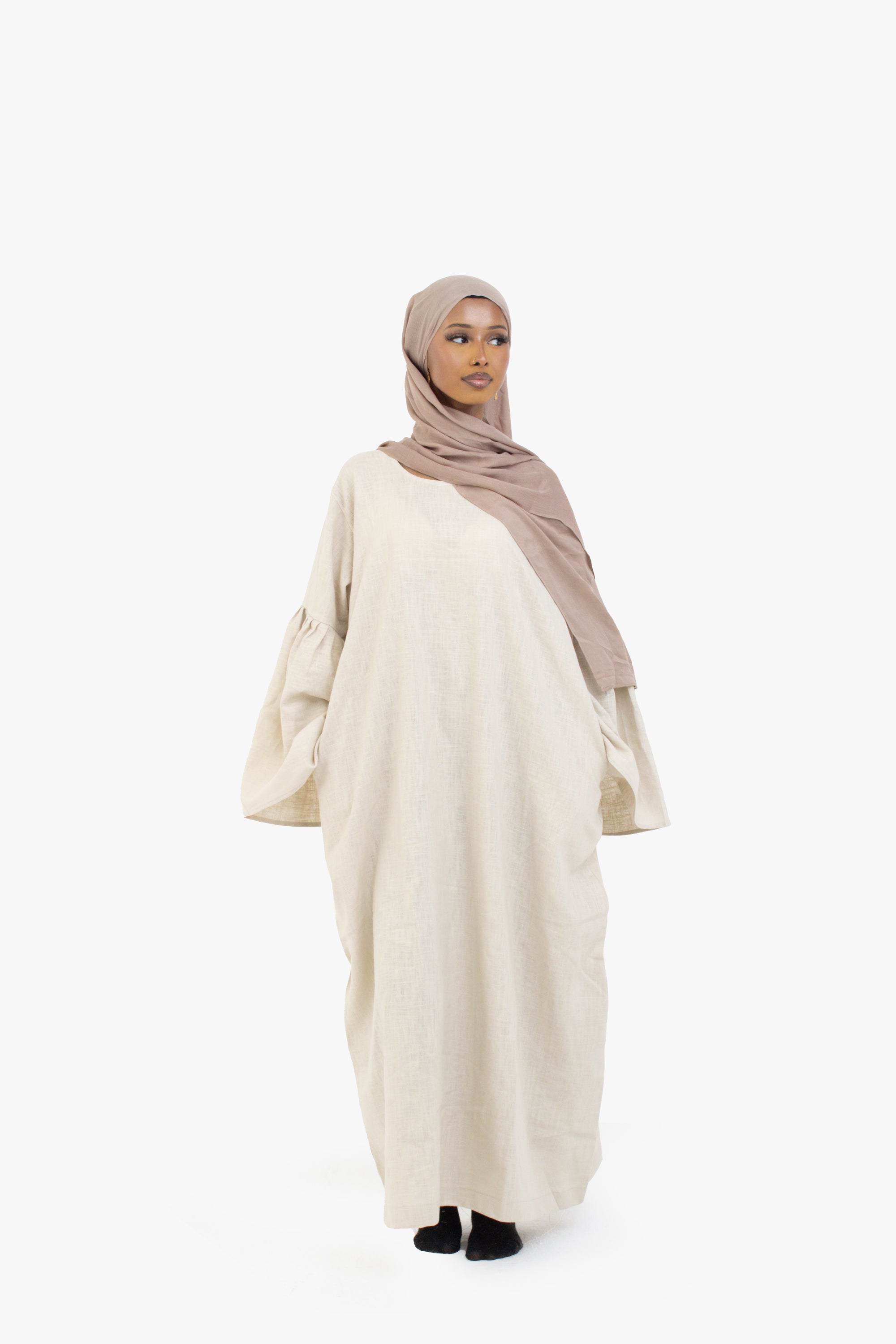 Beige Bell Sleeve Linen Cotton Abaya