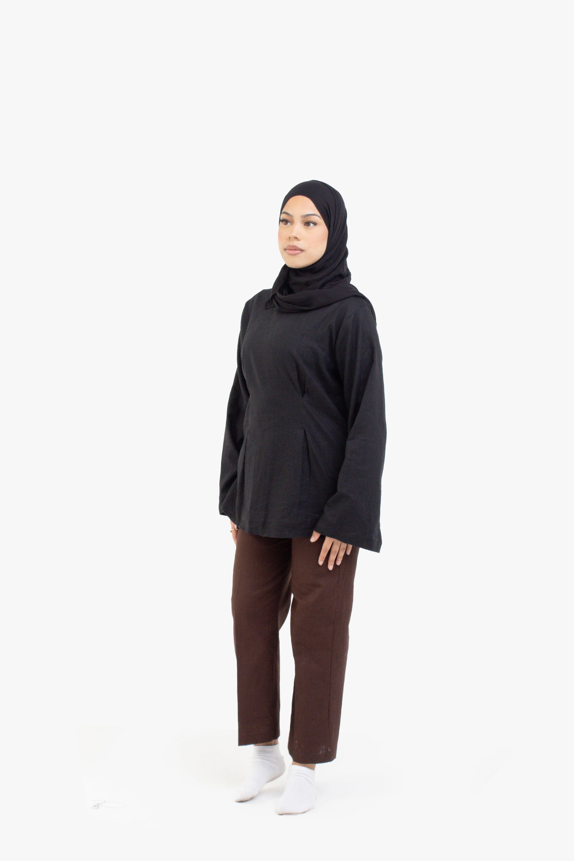 Black Double Pleat Linen Cotton Top