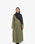 Khaki Double Pleat Linen Cotton Dress