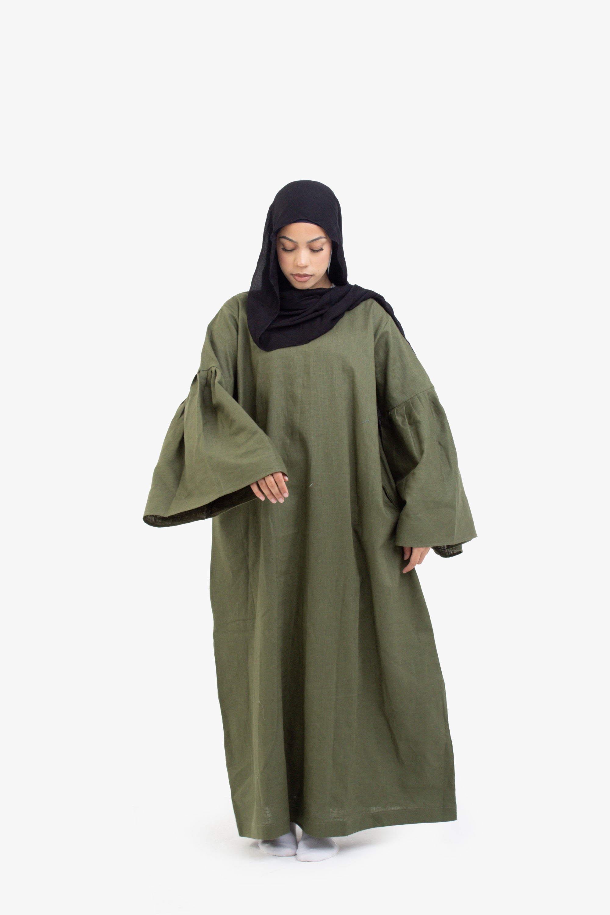 Khaki Bell Sleeve Linen Cotton Abaya