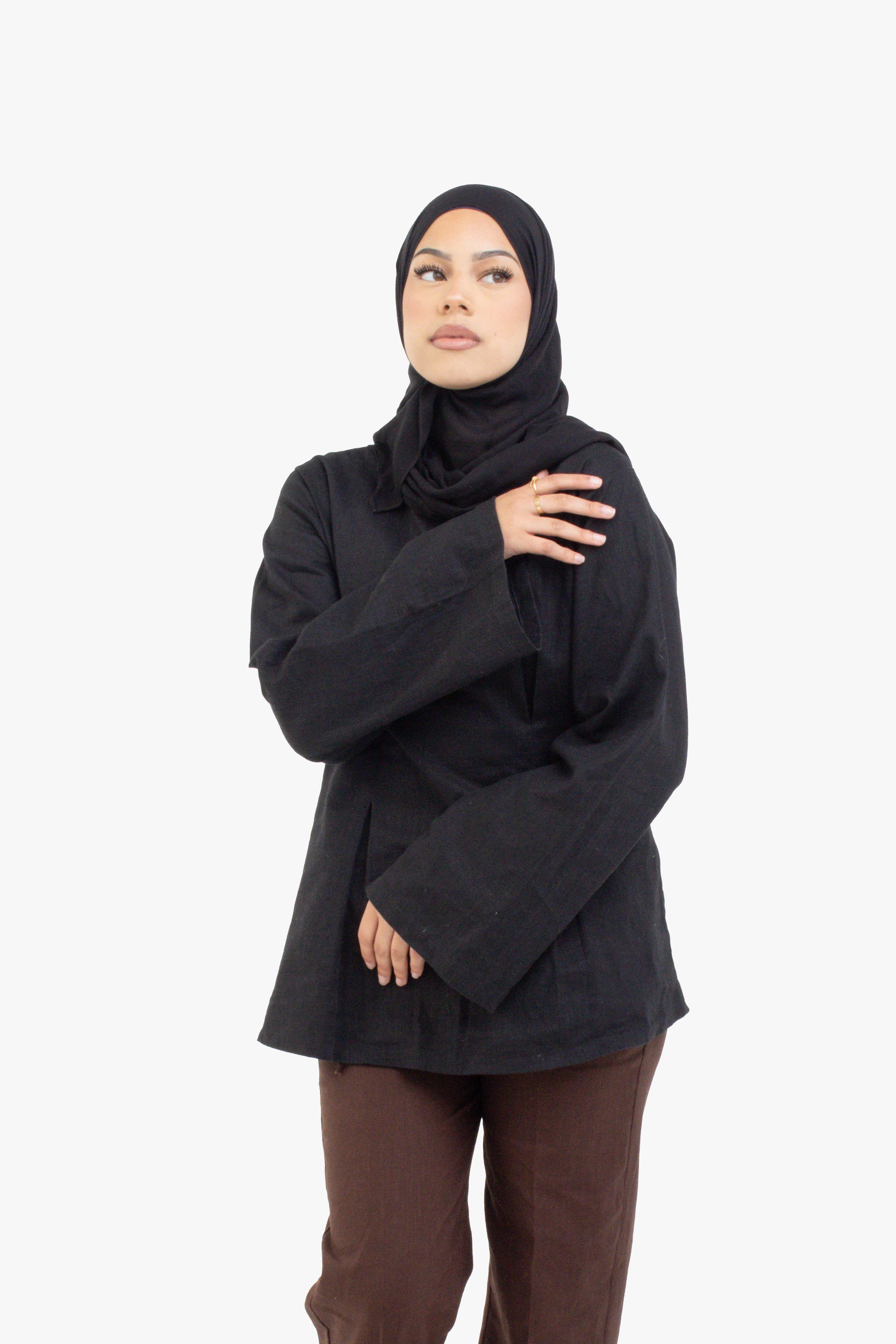 Black Double Pleat Linen Cotton Top