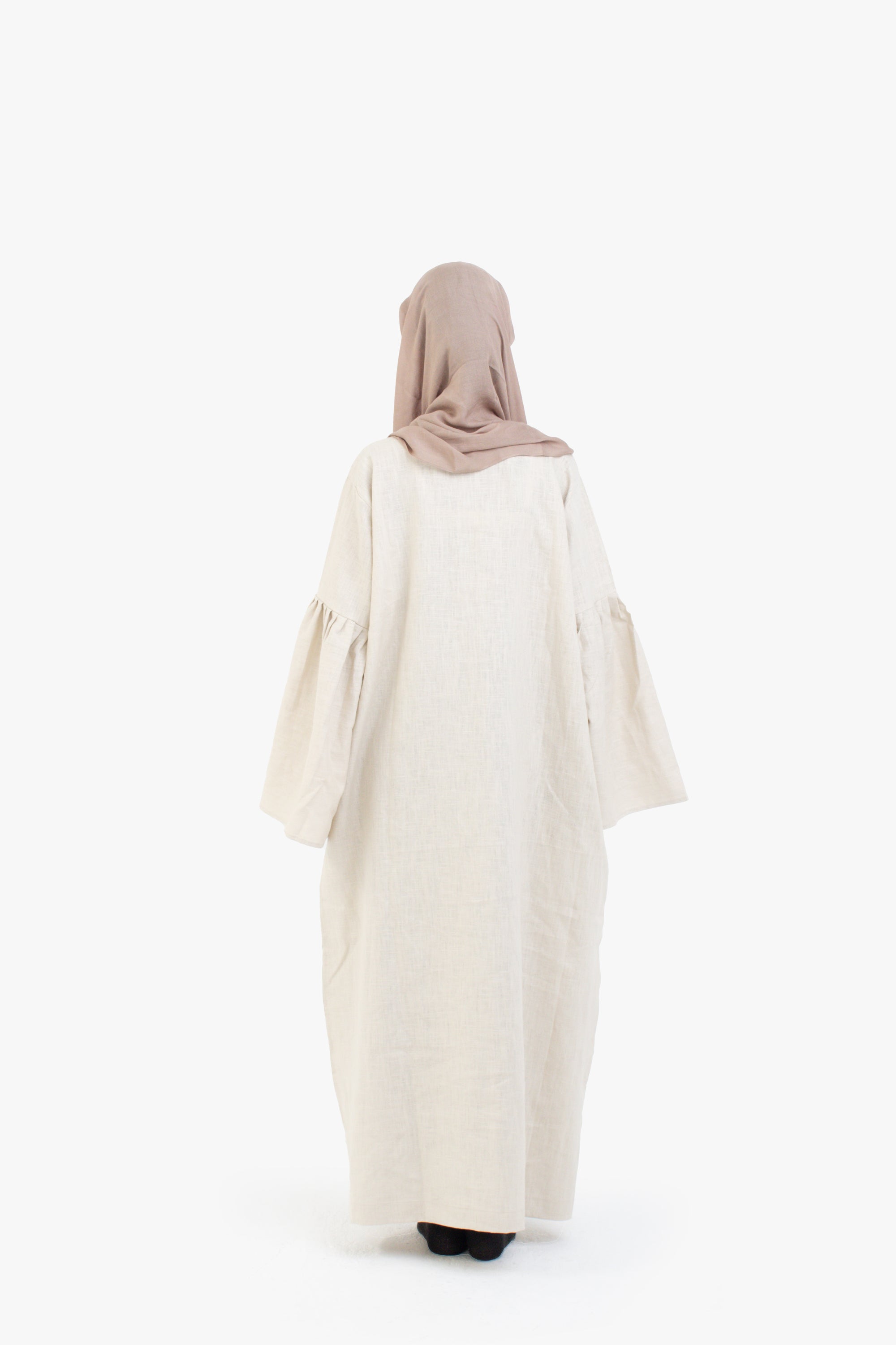 Beige Bell Sleeve Linen Cotton Abaya