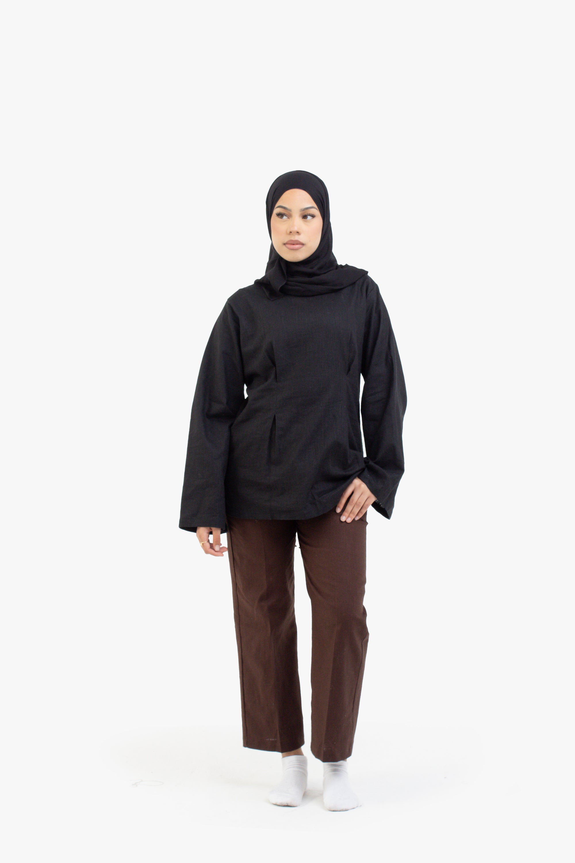 Black Double Pleat Linen Cotton Top