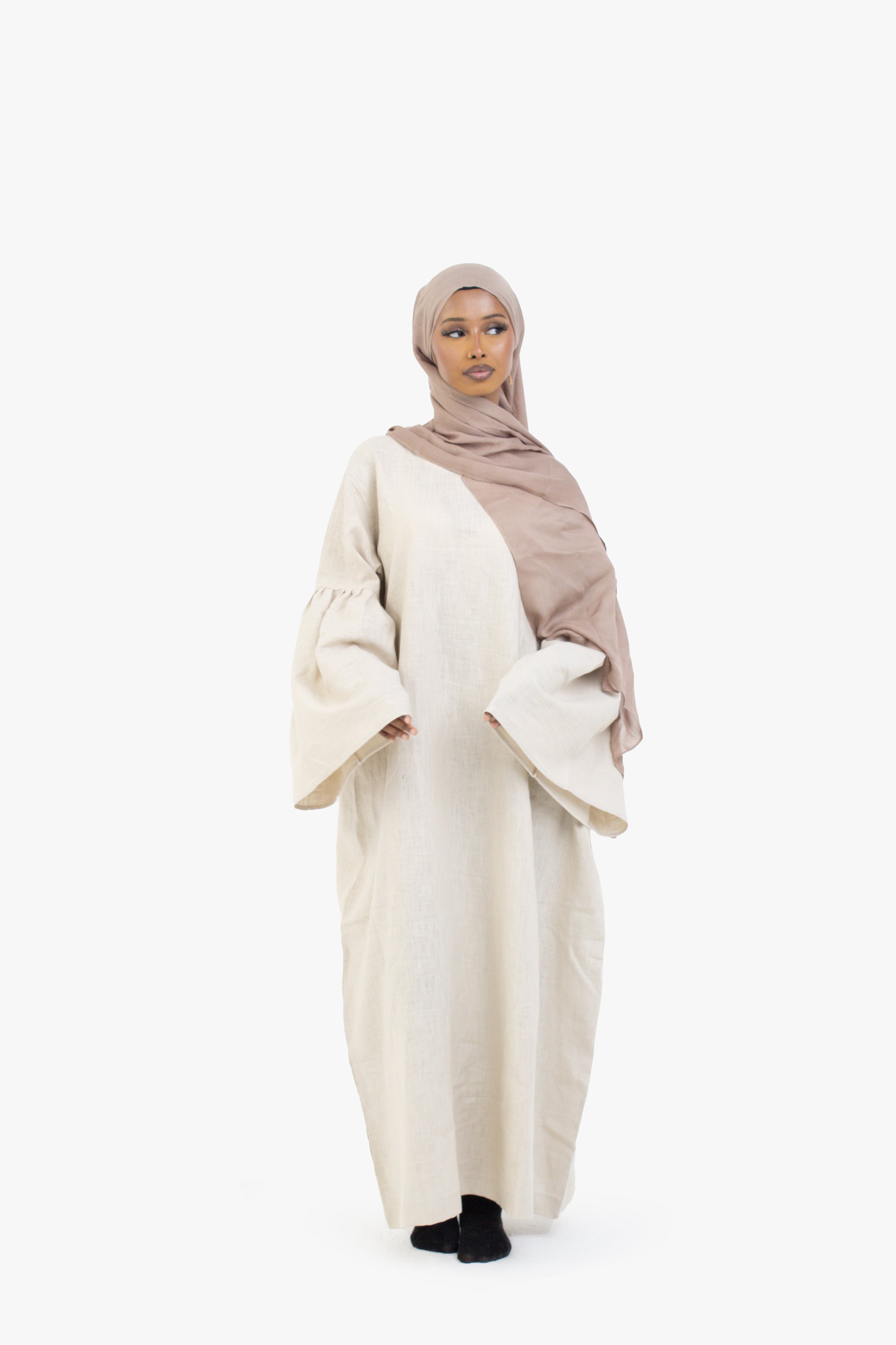Beige Bell Sleeve Linen Cotton Abaya