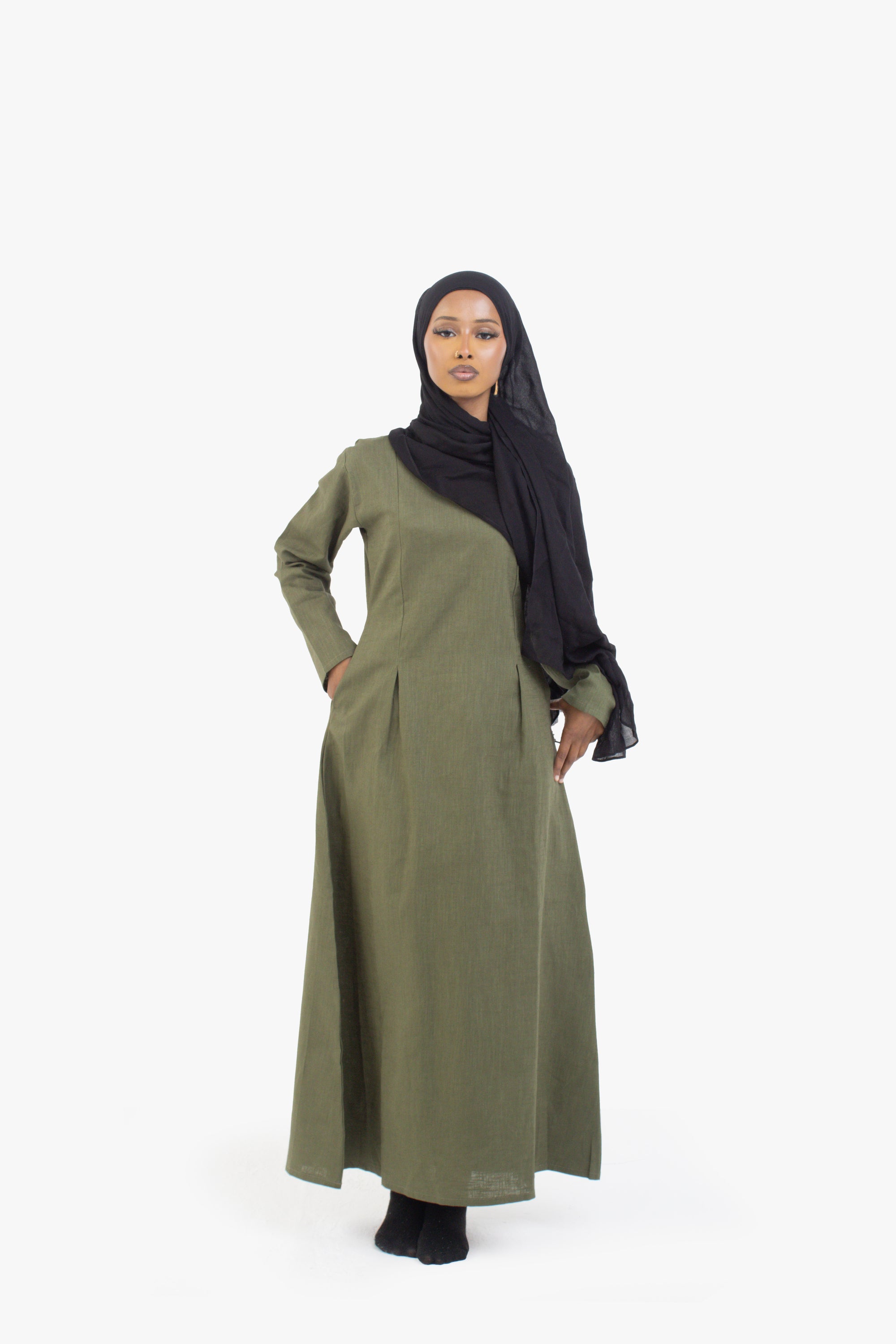 Khaki Double Pleat Linen Cotton Dress