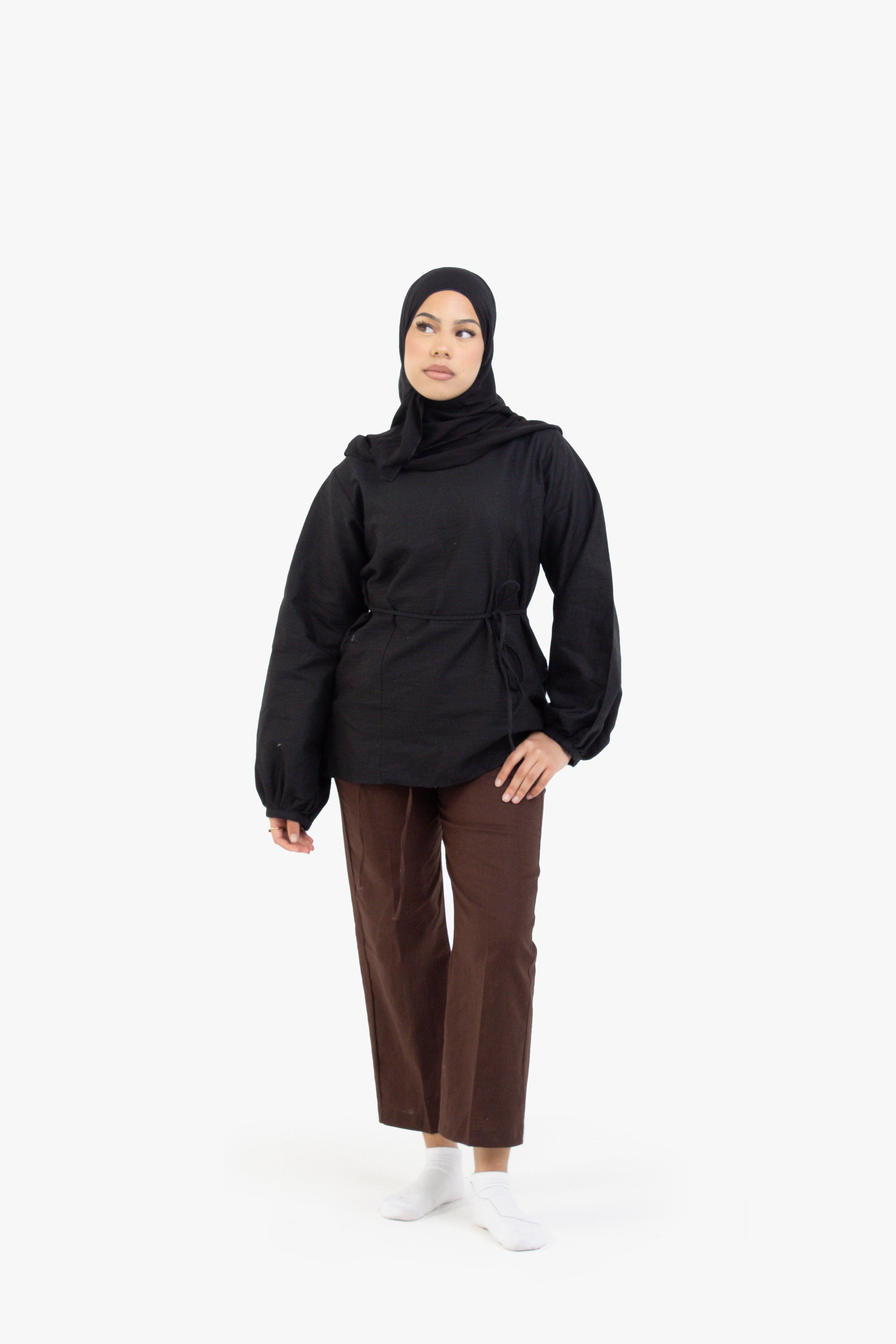 Black Balloon Sleeve Linen Cotton Top