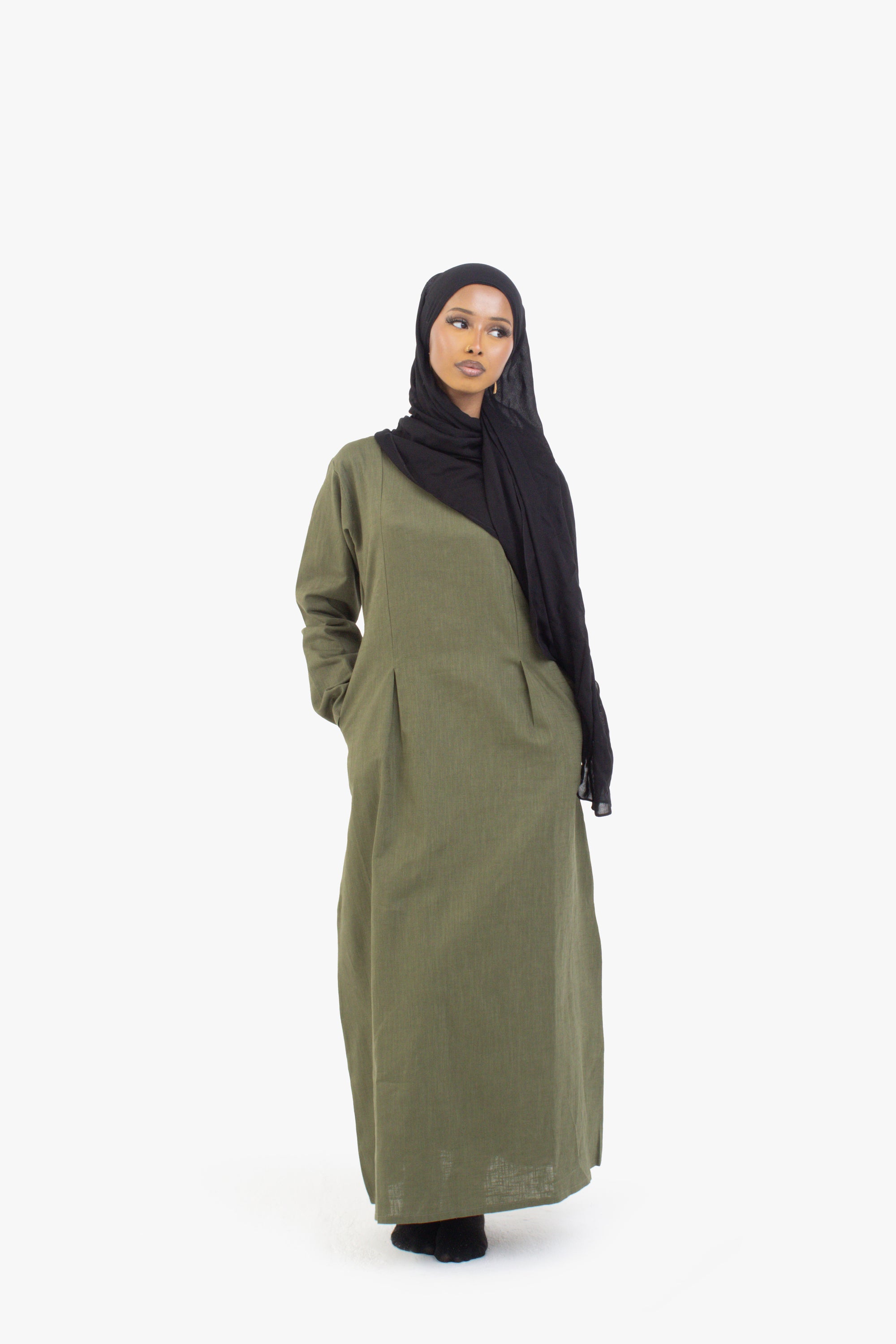 Khaki Double Pleat Linen Cotton Dress