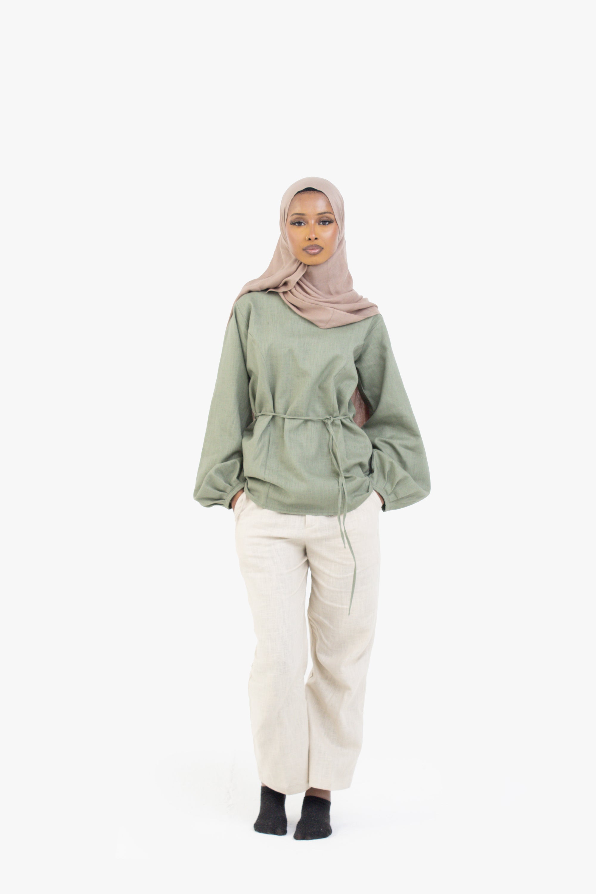 Sage Balloon Sleeve Linen Cotton Top