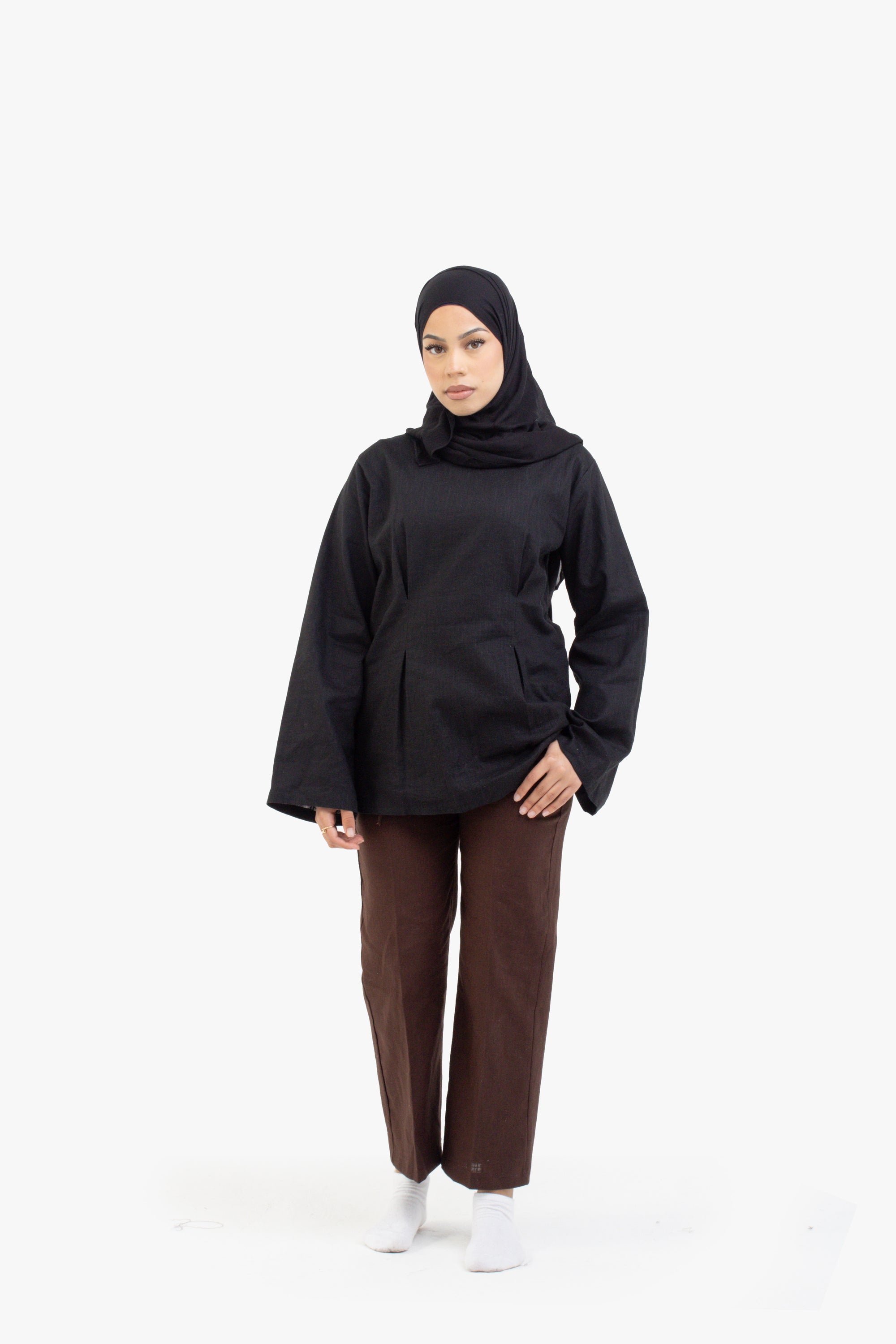 Black Double Pleat Linen Cotton Top