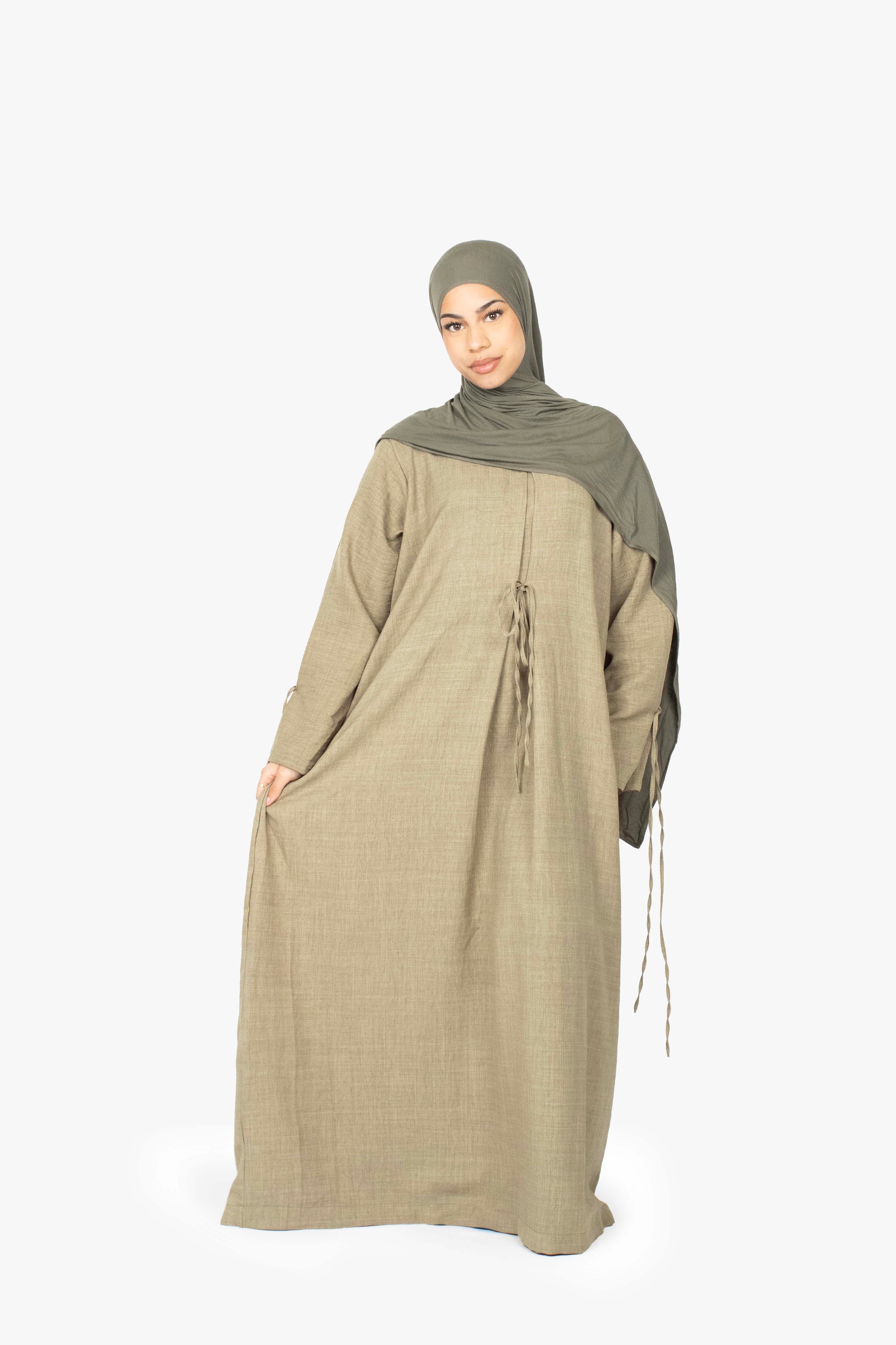 Khaki Mélange Ribbon Kimono Abaya