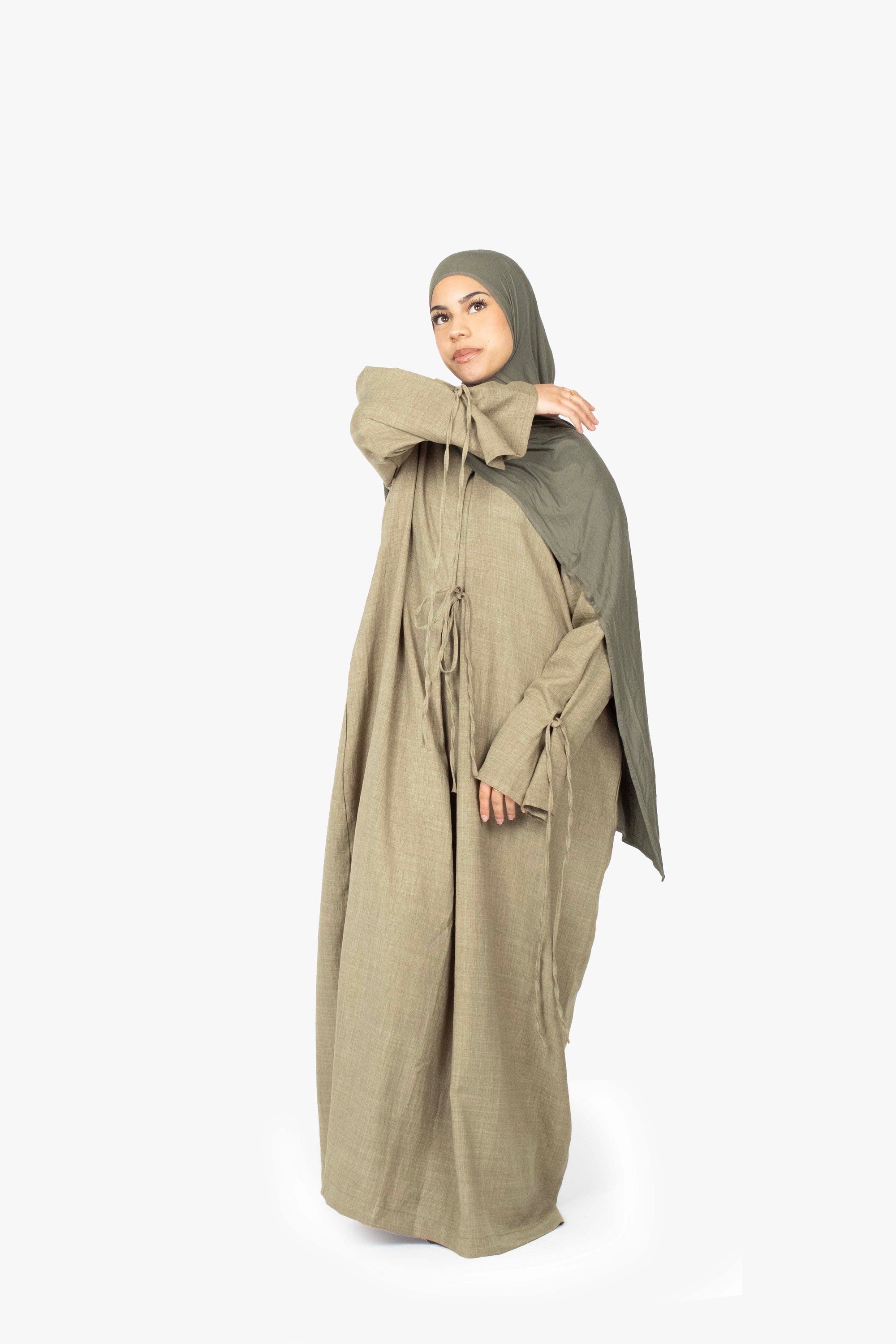 Khaki Mélange Ribbon Kimono Abaya
