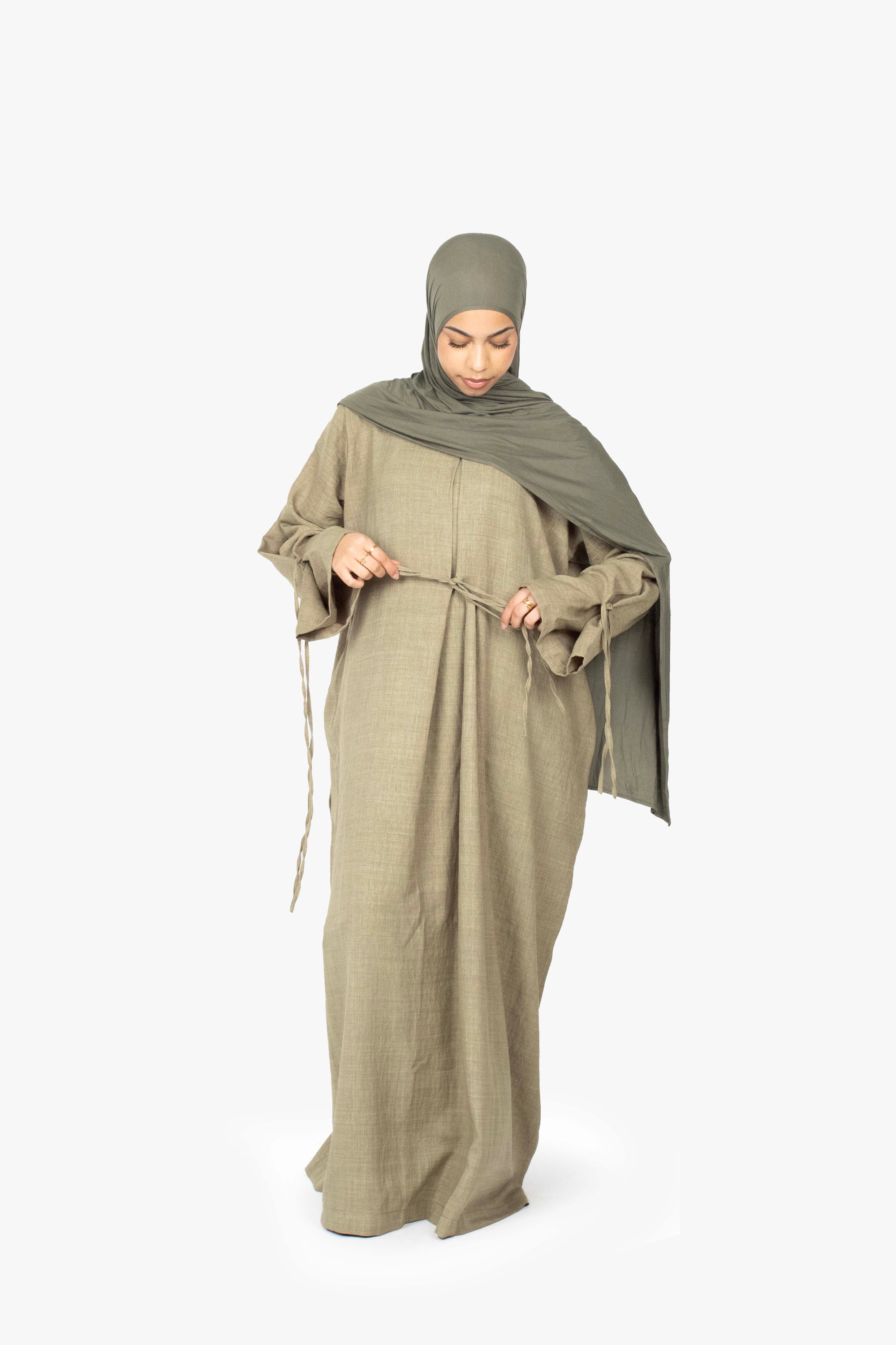 Khaki Mélange Ribbon Kimono Abaya