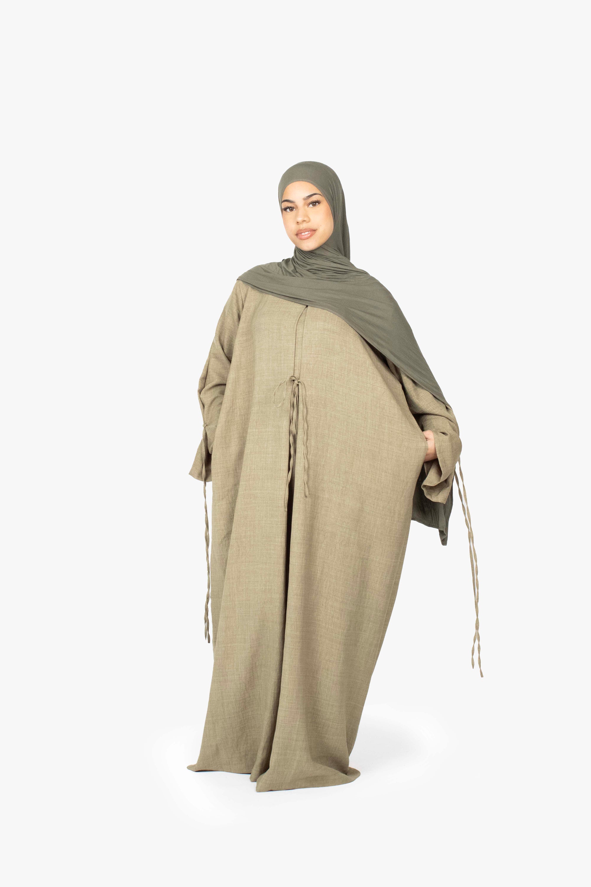 Khaki Mélange Ribbon Kimono Abaya