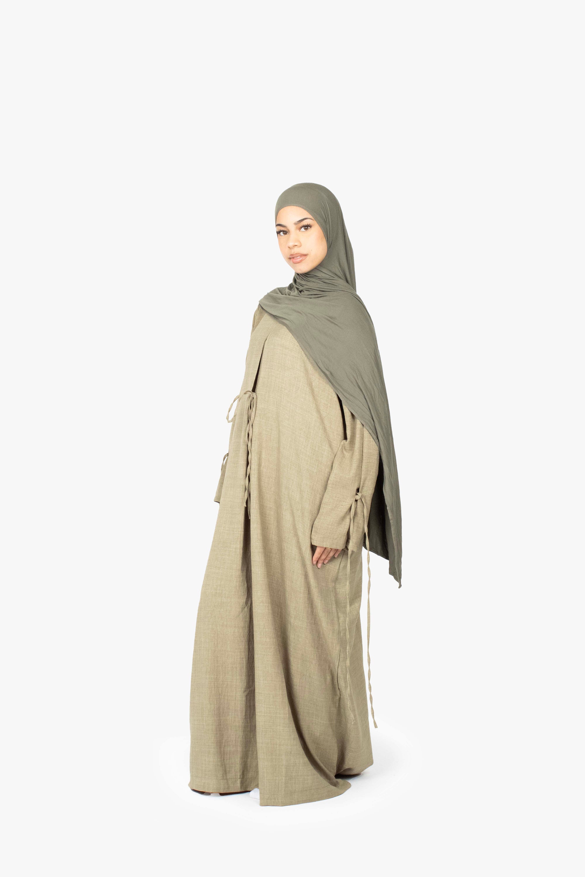 Khaki Mélange Ribbon Kimono Abaya