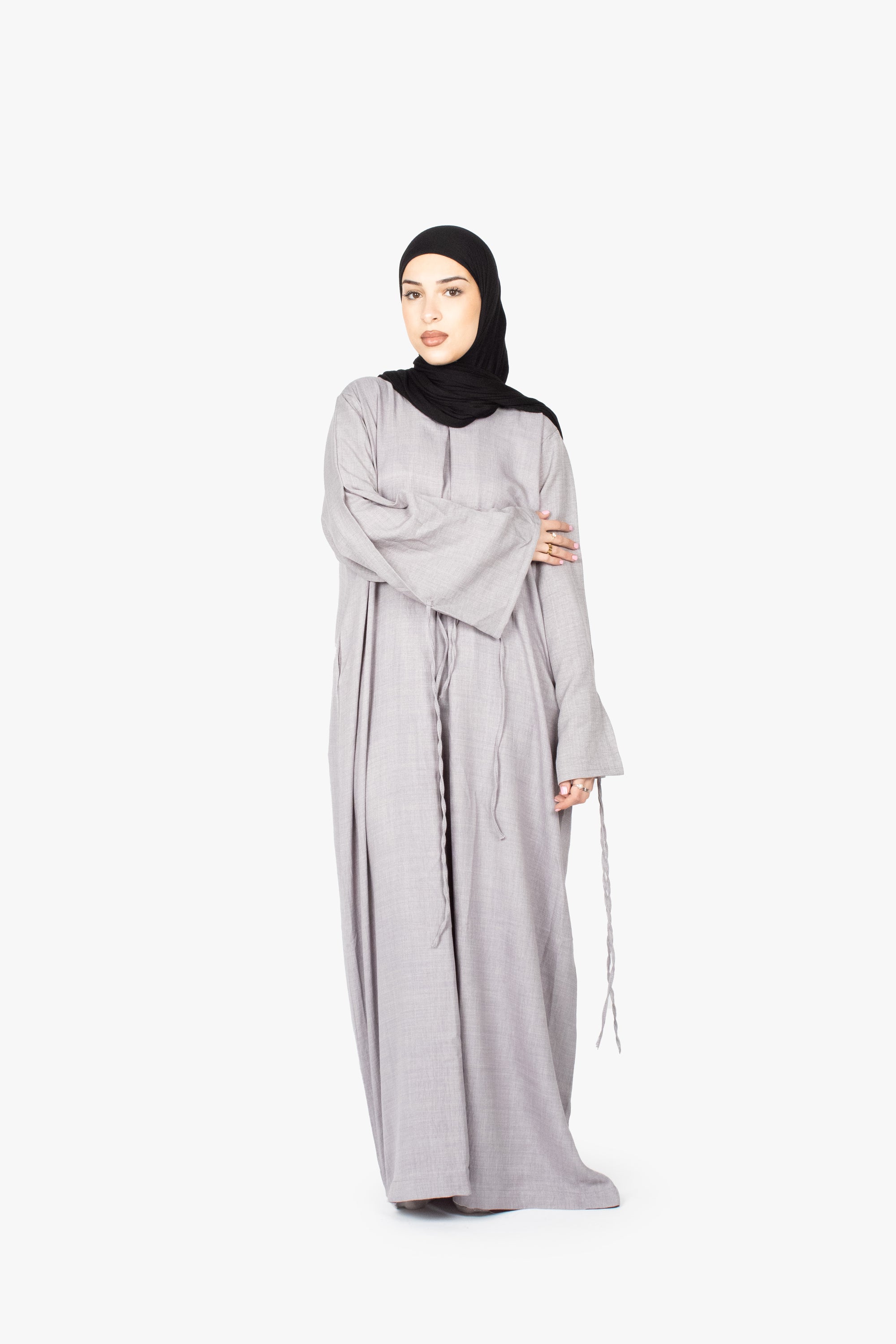 Grey Mélange Ribbon Kimono Abaya